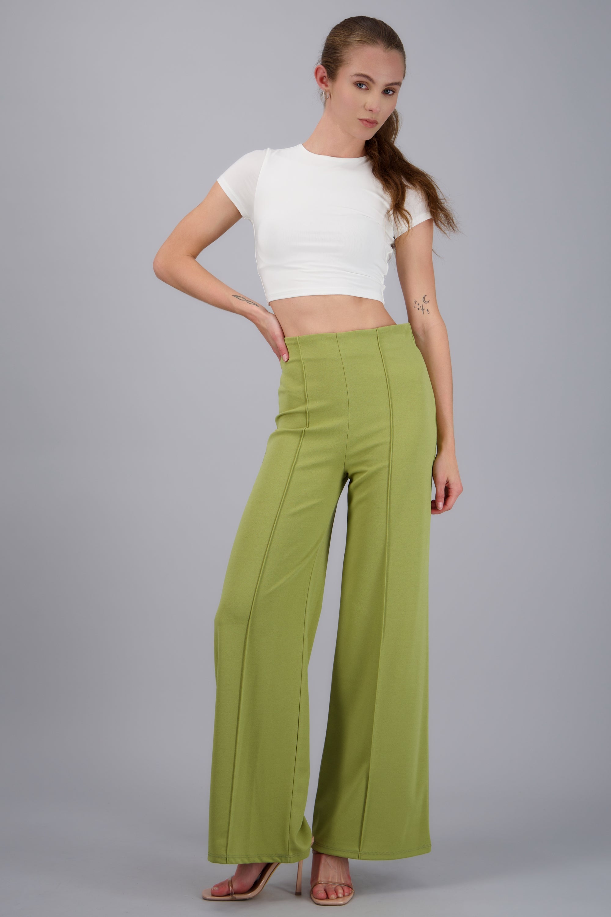 Pantalón Wide Leg Cintura Alta Costuras VERDE CLARO