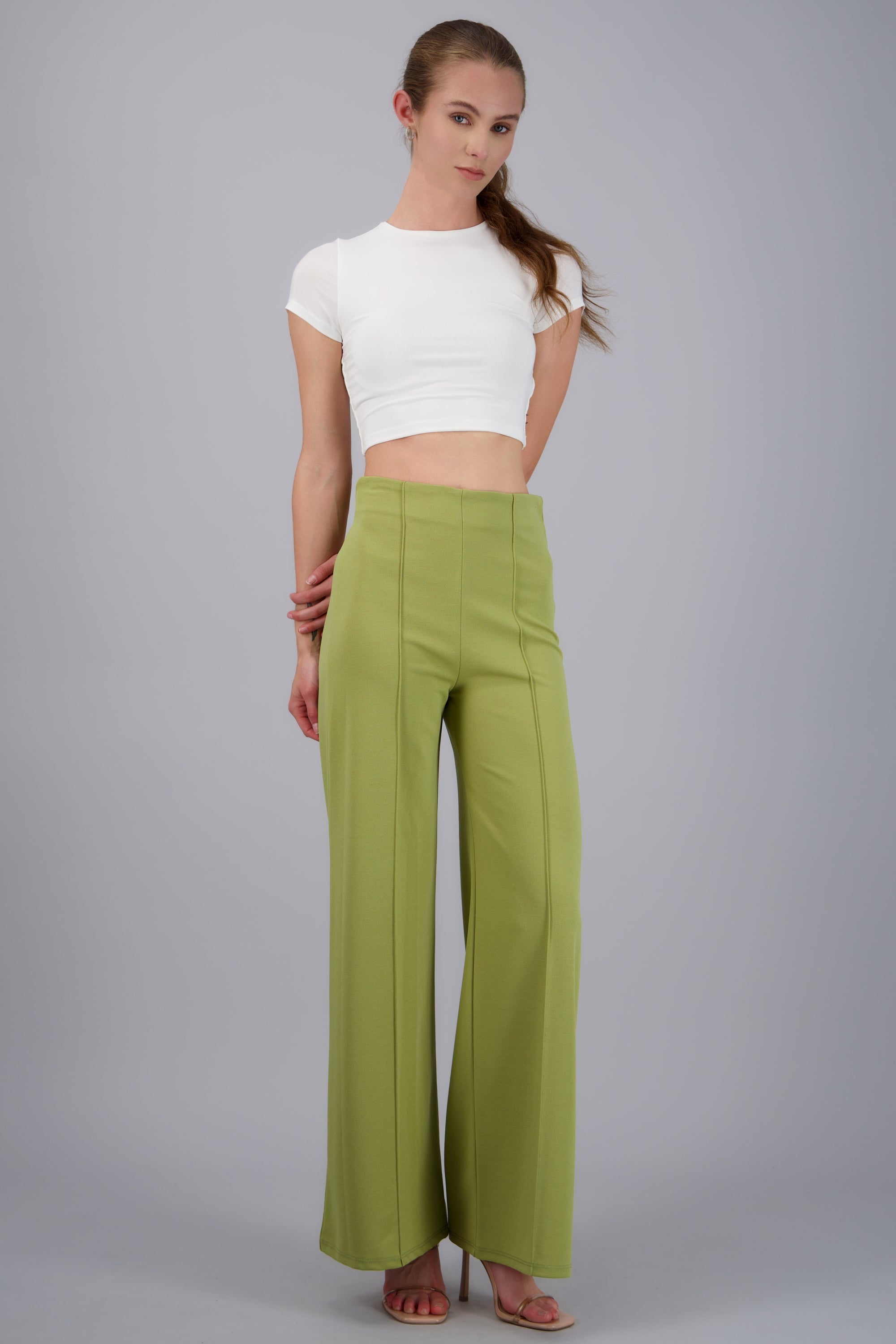 Pantalón Wide Leg Cintura Alta Costuras VERDE CLARO