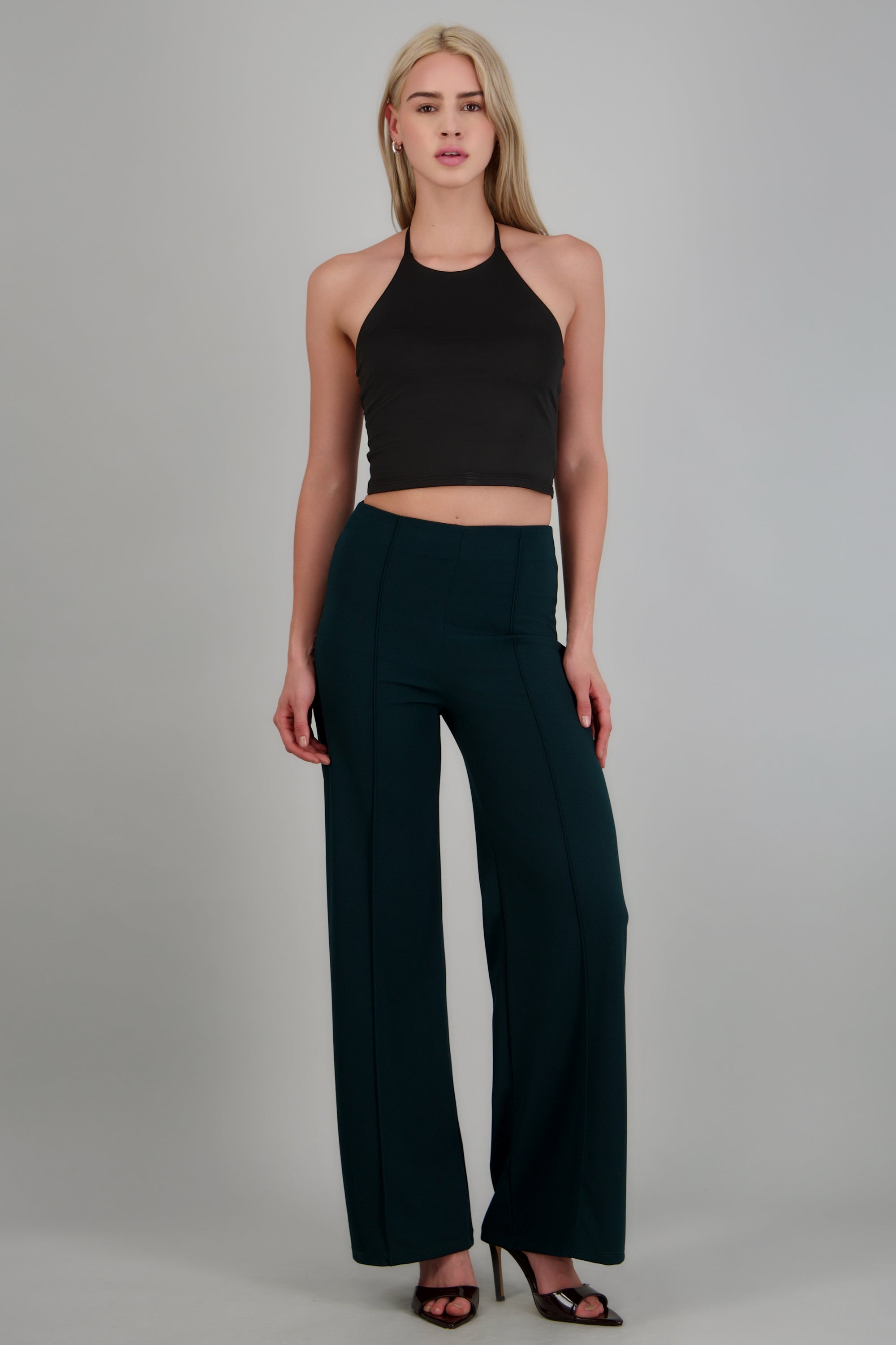 Pantalón Wide Leg Cintura Alta Costuras VERDE CAZADOR