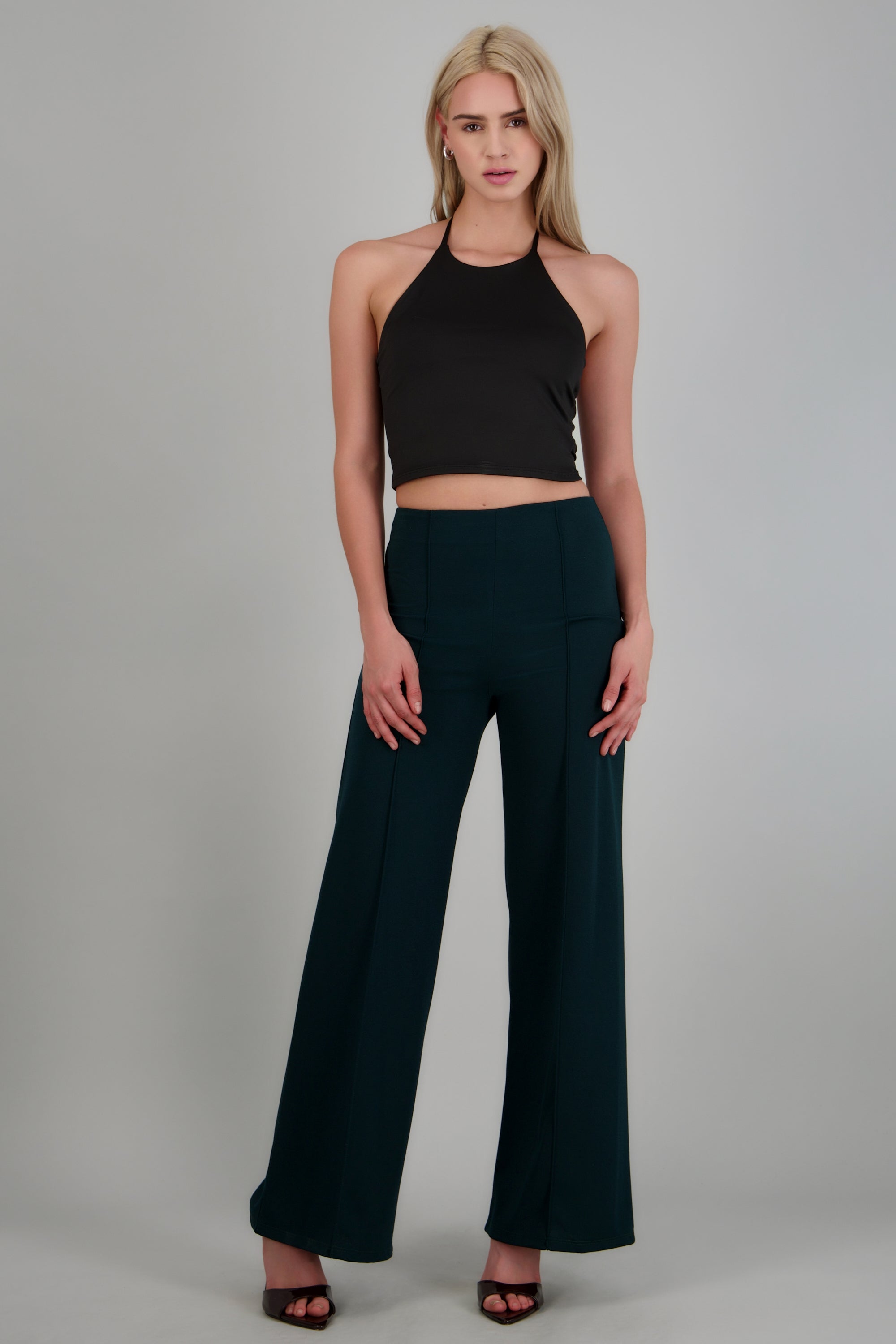 Pantalón Wide Leg Cintura Alta Costuras VERDE CAZADOR
