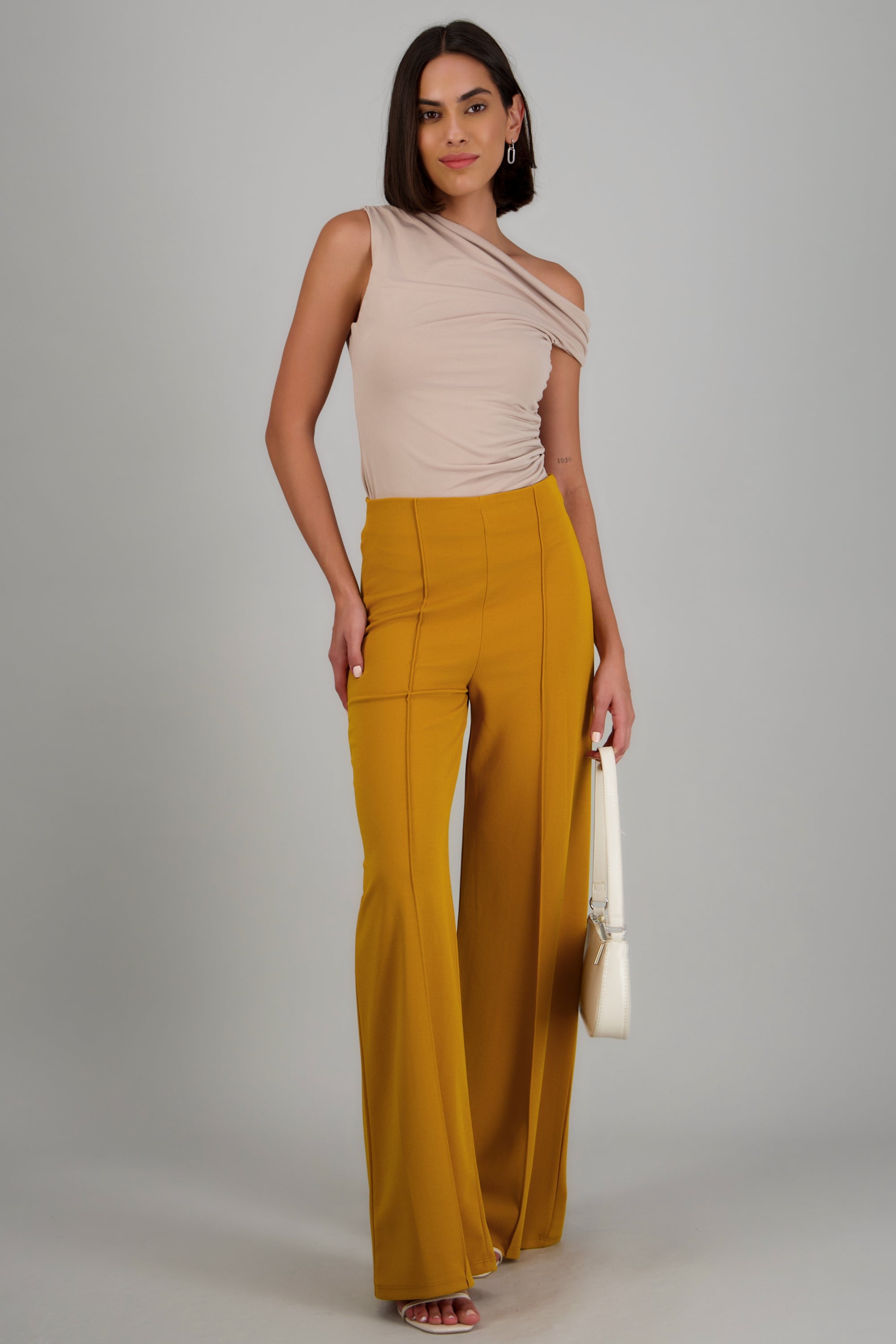 Pantalón Wide Leg Cintura Alta Costuras MOSTAZA OBSCURO