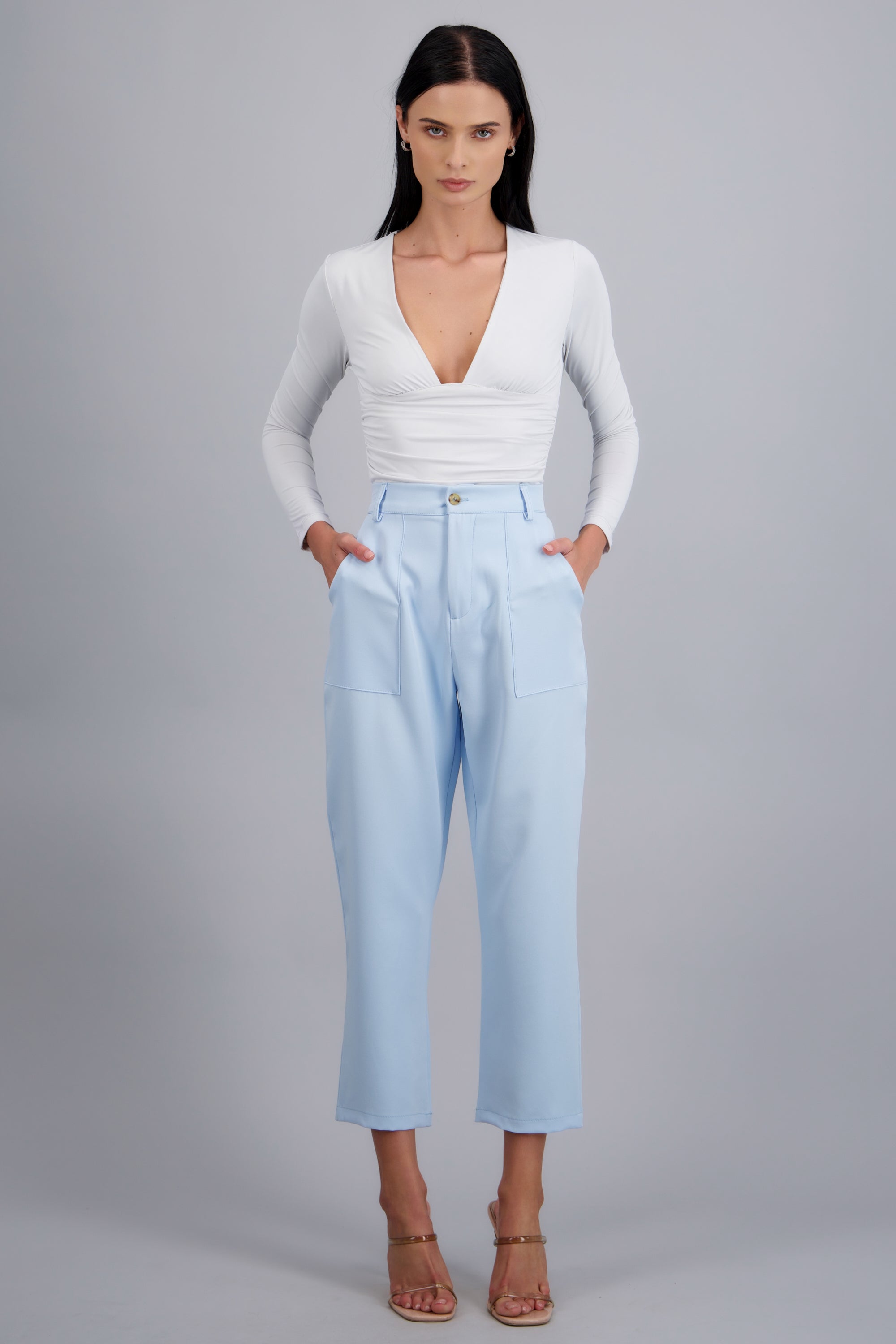 Pantalón Cintura Alta Capri Bolsas AZUL PASTEL