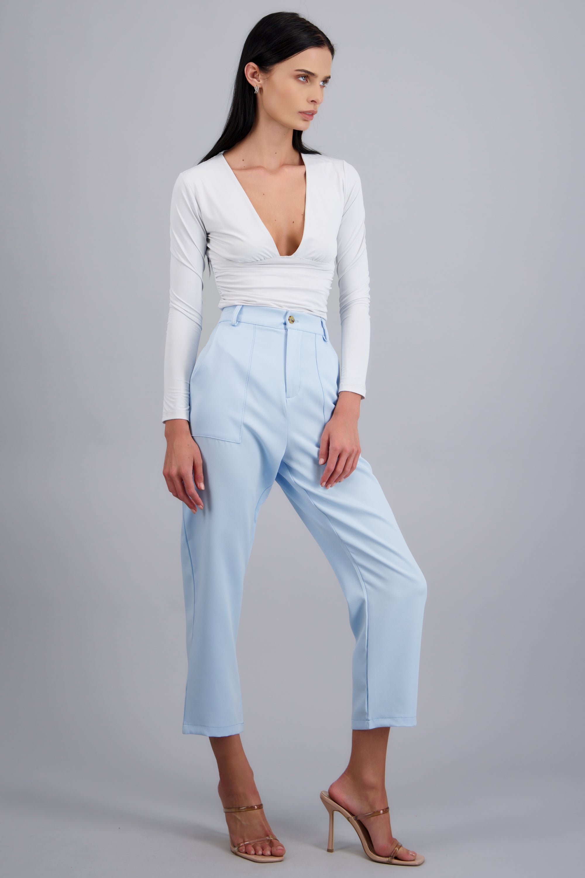 Pantalón Cintura Alta Capri Bolsas AZUL PASTEL