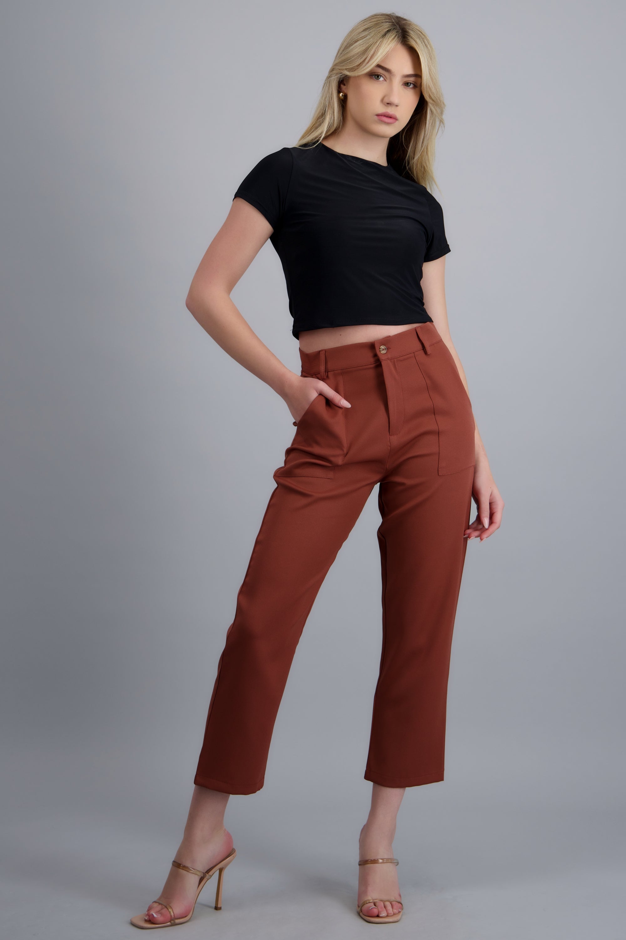 Pantalón Cintura Alta Capri Bolsas LADRILLO