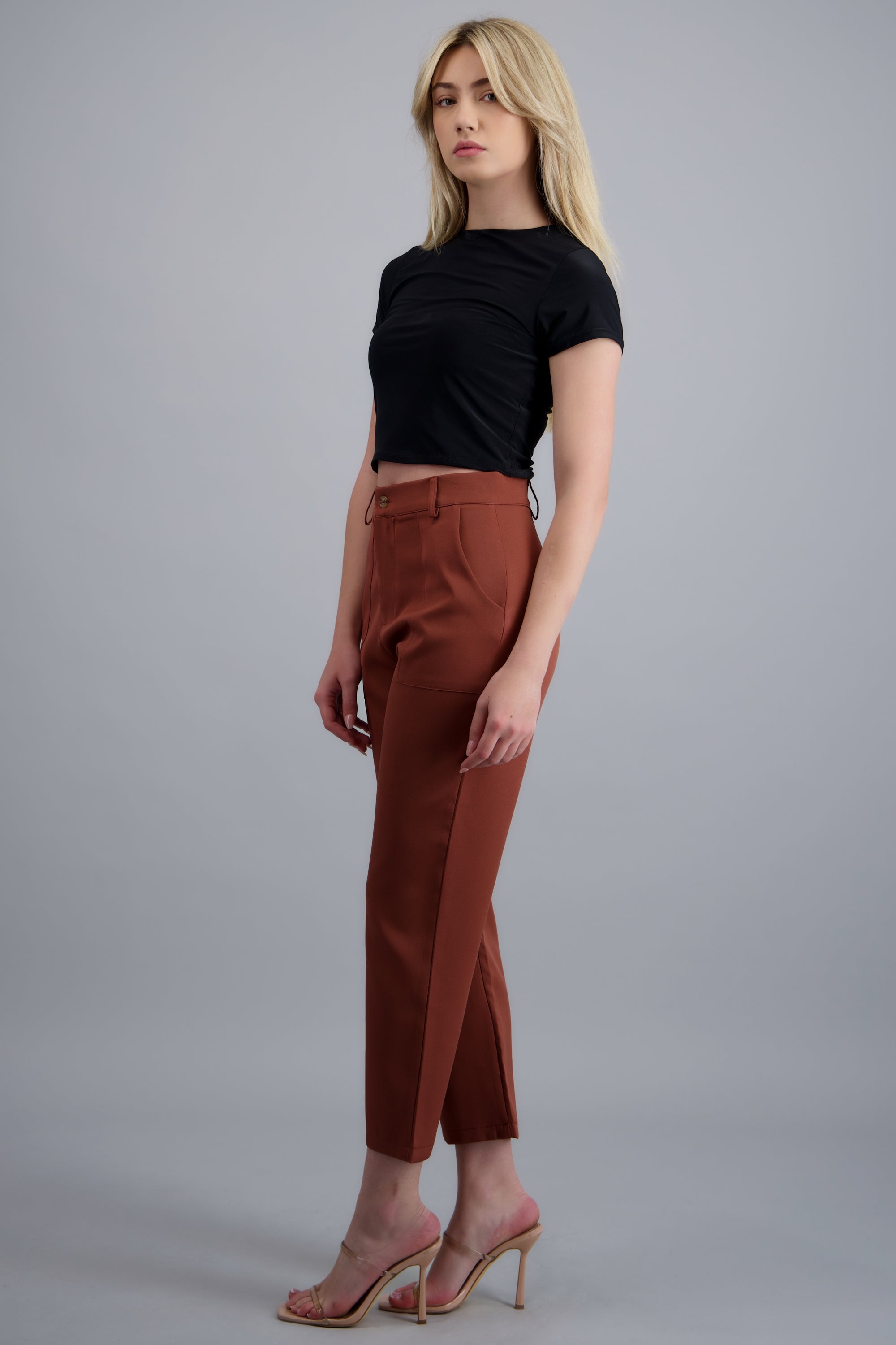 Pantalón Cintura Alta Capri Bolsas LADRILLO