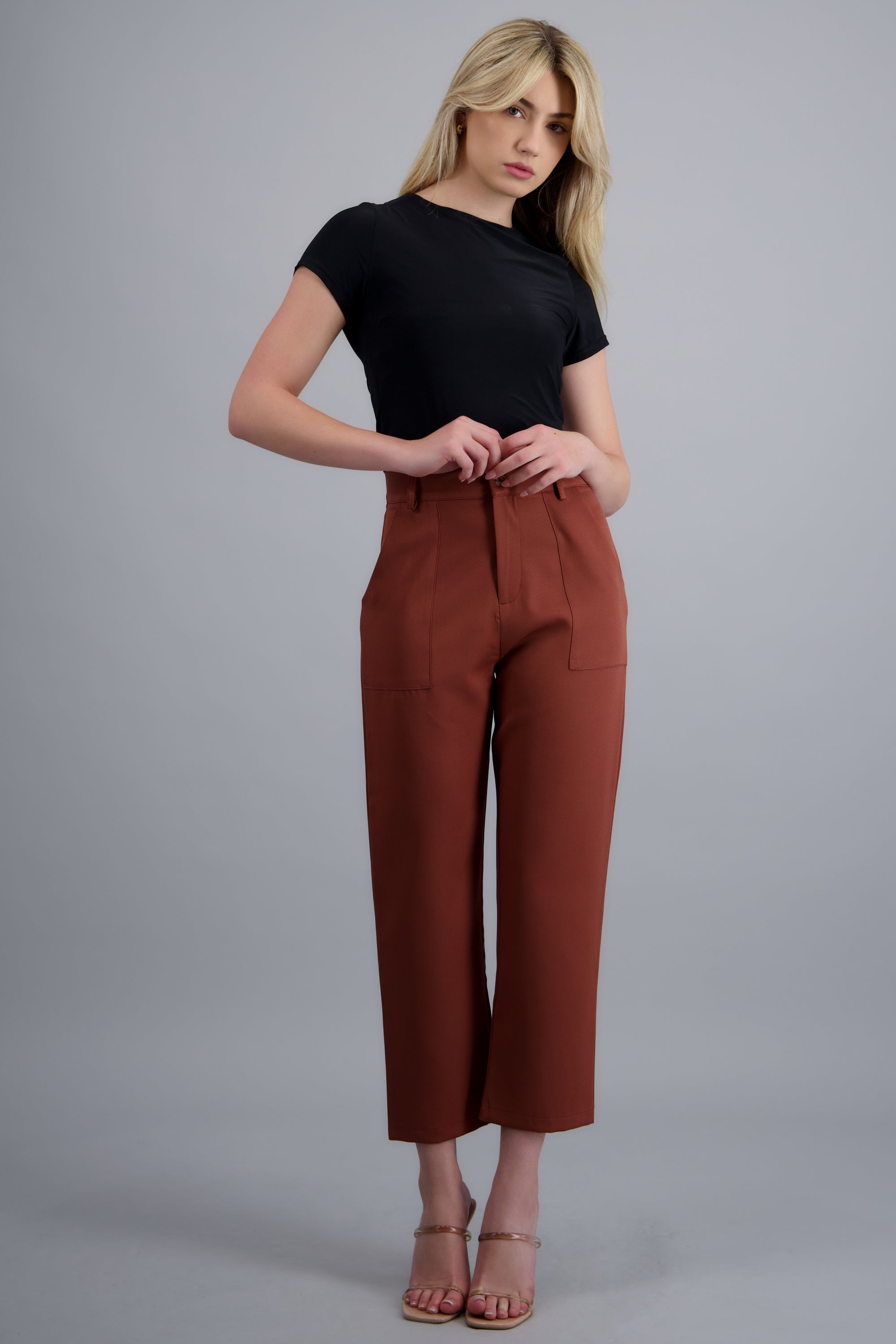 Pantalón Cintura Alta Capri Bolsas LADRILLO