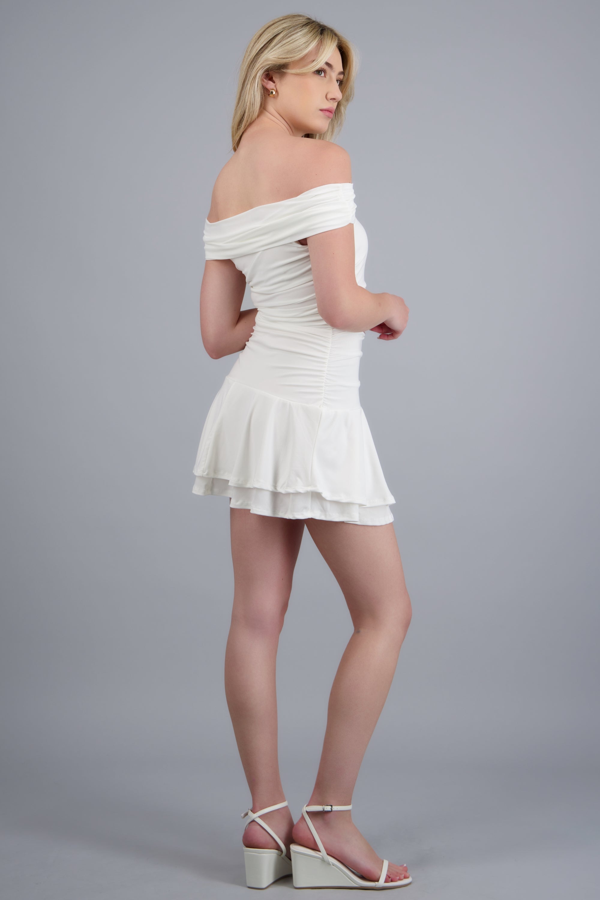 Vestido off shoulder detalle doblez BLANCO