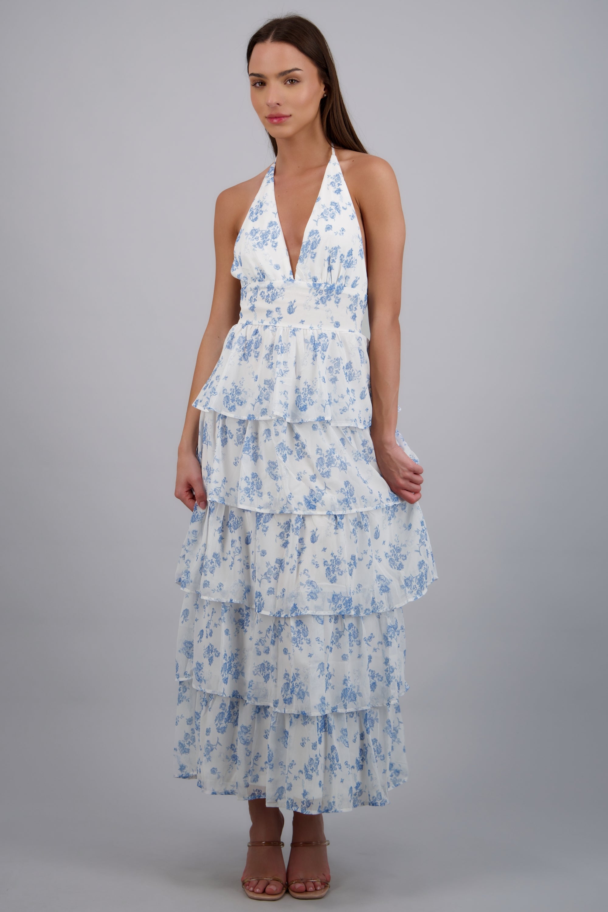 Vestido maxi capas olanes estampado flores BLANCO COMBO