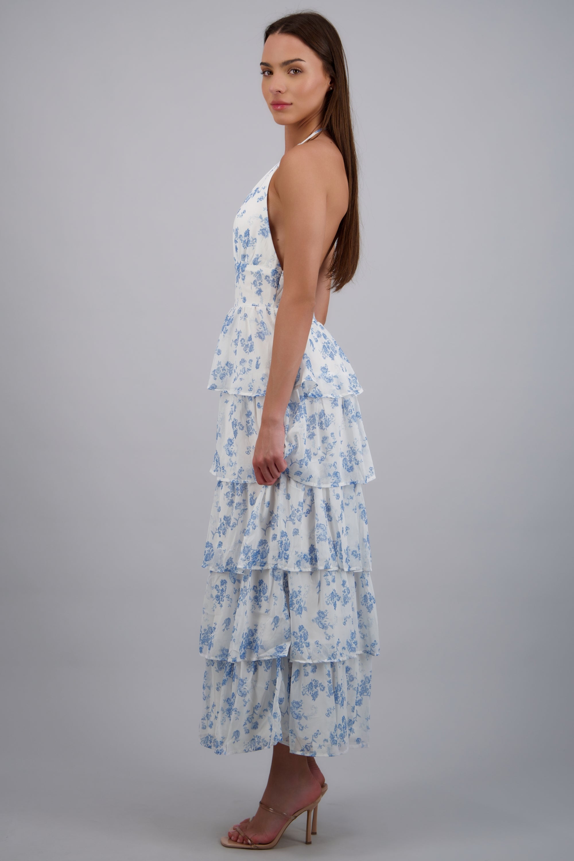 Vestido maxi capas olanes estampado flores BLANCO COMBO