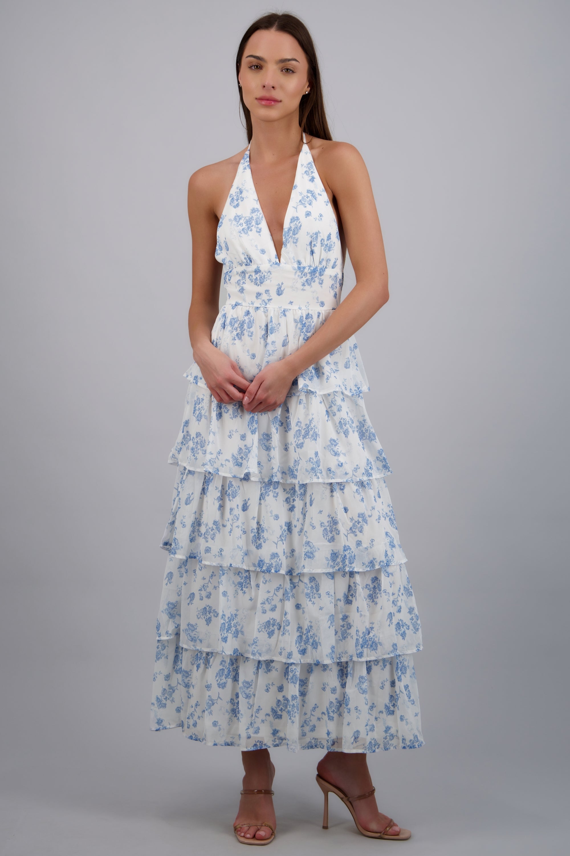 Vestido maxi capas olanes estampado flores BLANCO COMBO