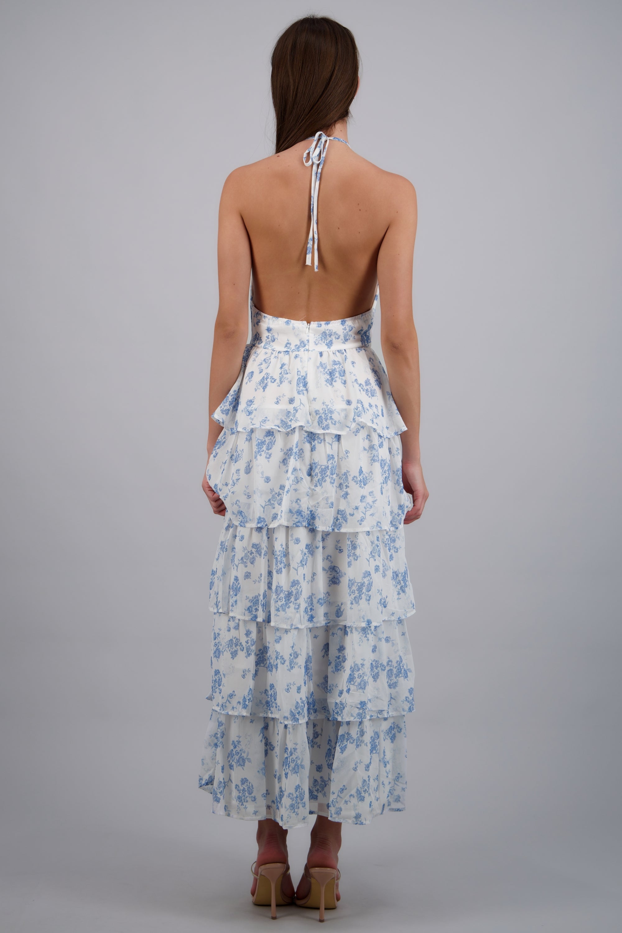 Vestido maxi capas olanes estampado flores BLANCO COMBO