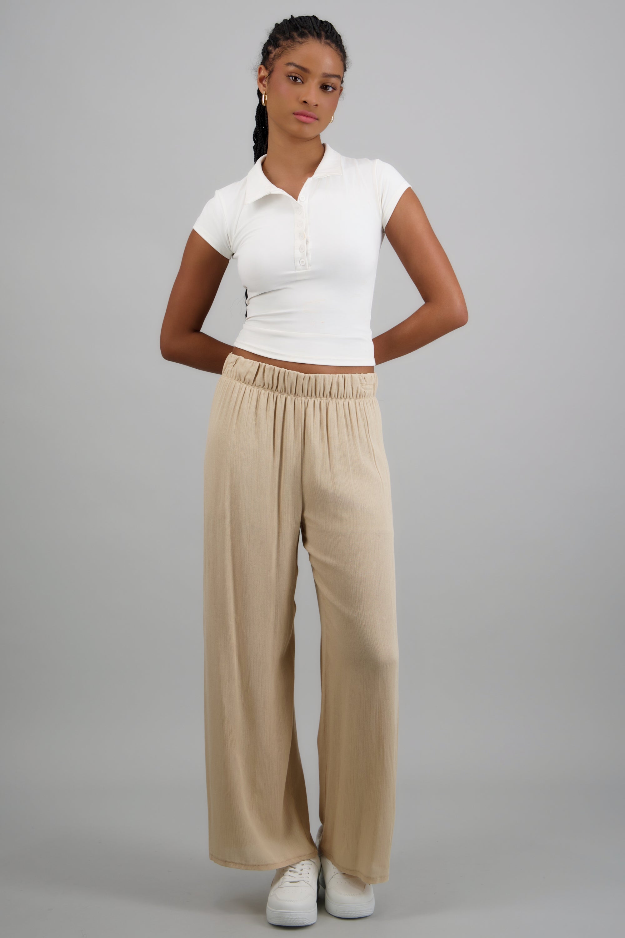 Pantalón wide leg cintura elástica BEIGE