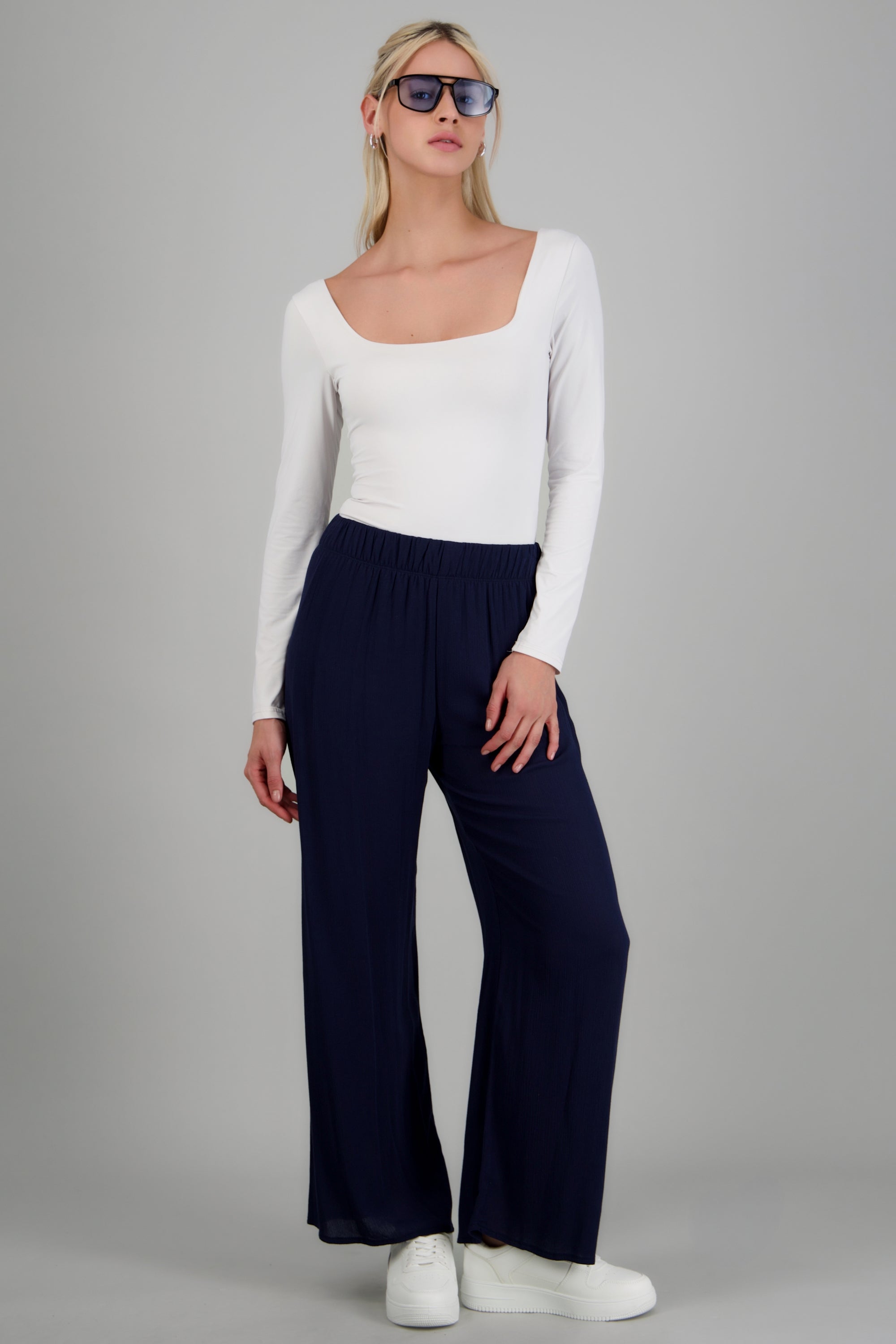 Pantalón wide leg cintura elástica MARINO