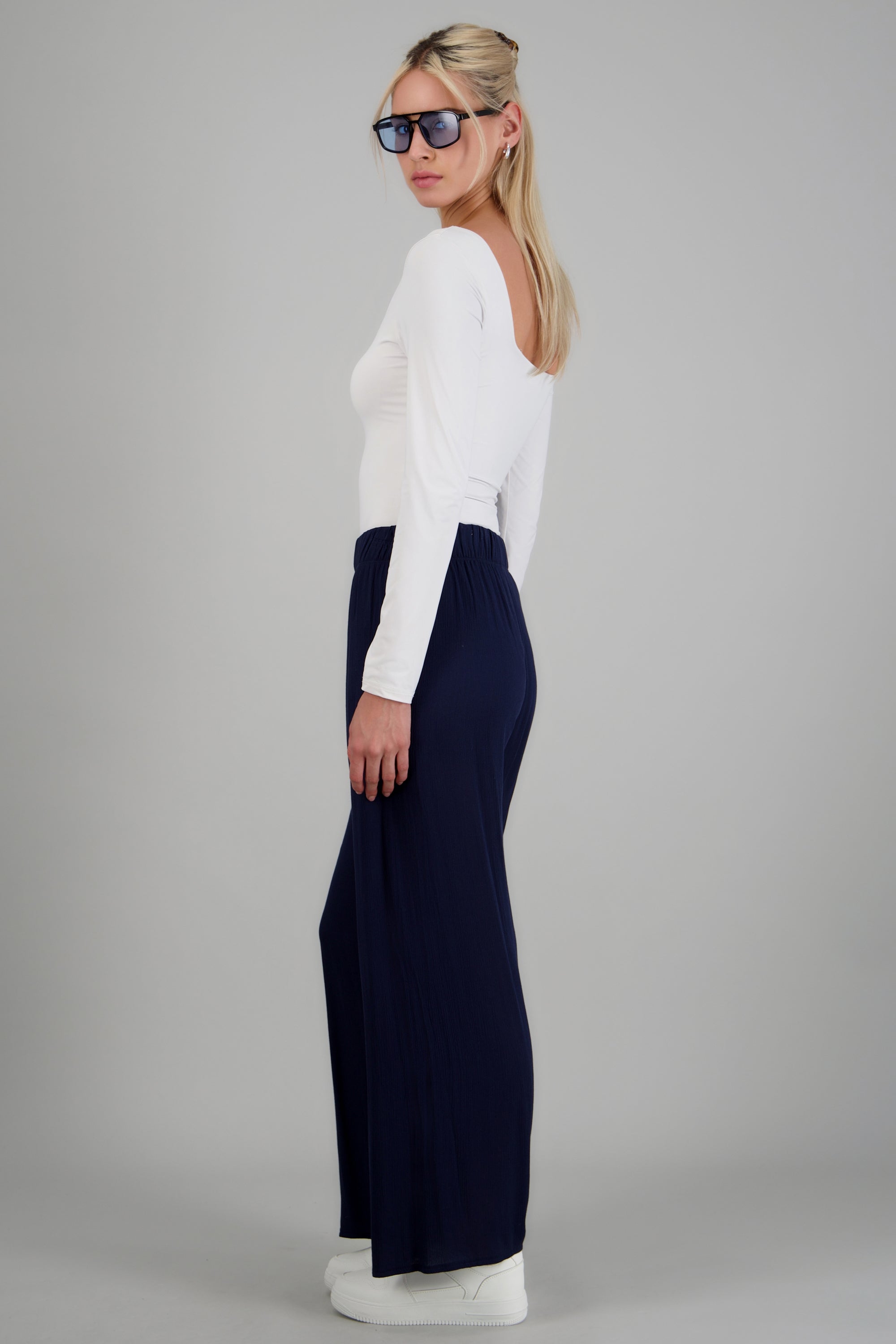 Pantalón wide leg cintura elástica MARINO