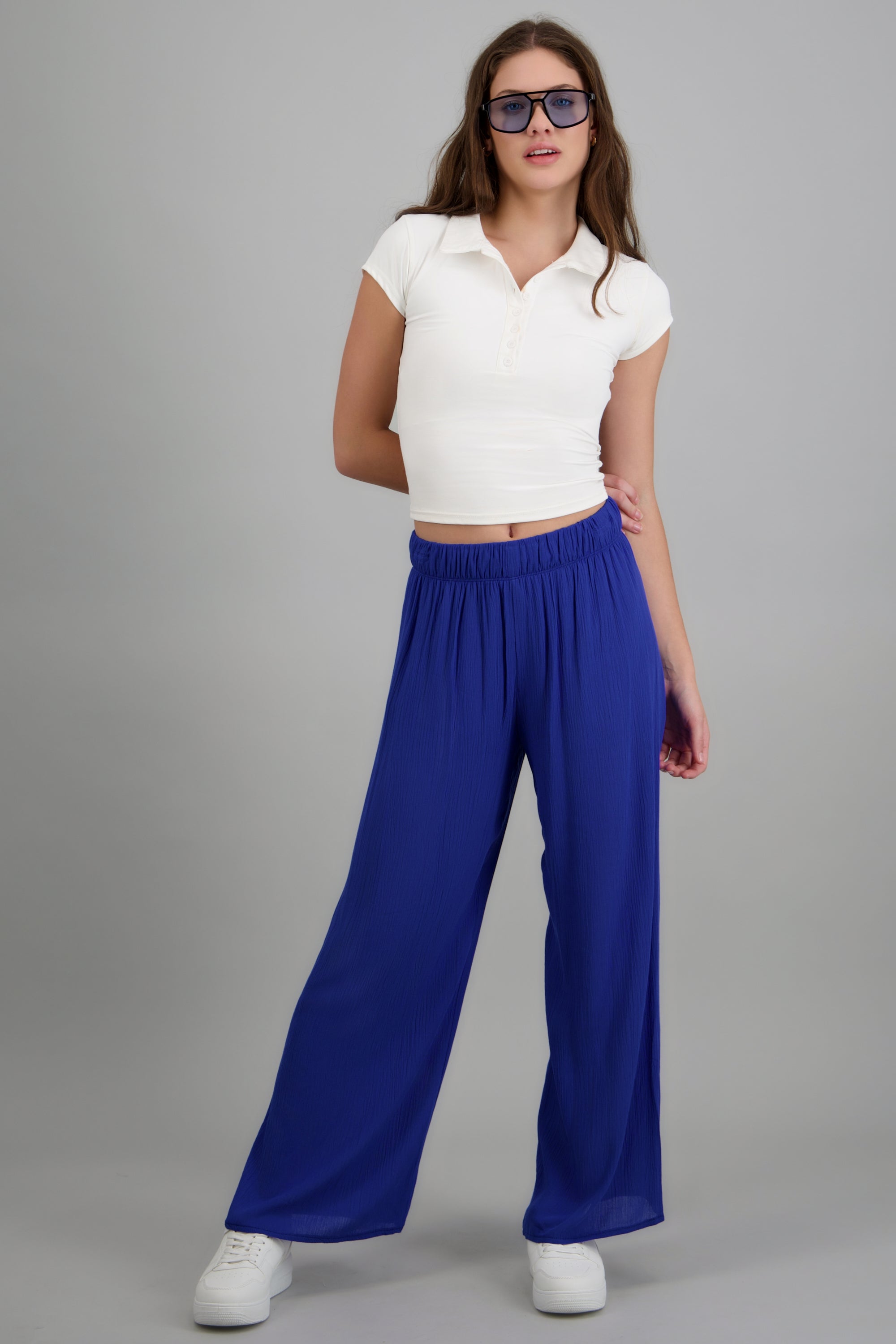Pantalón wide leg cintura elástica AZUL REY