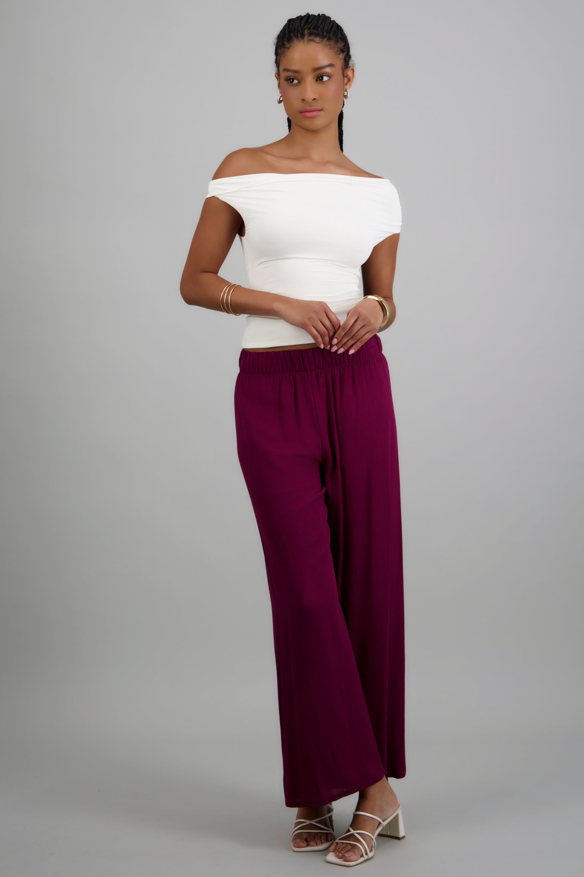 Pantalón wide leg cintura elástica CIRUELA