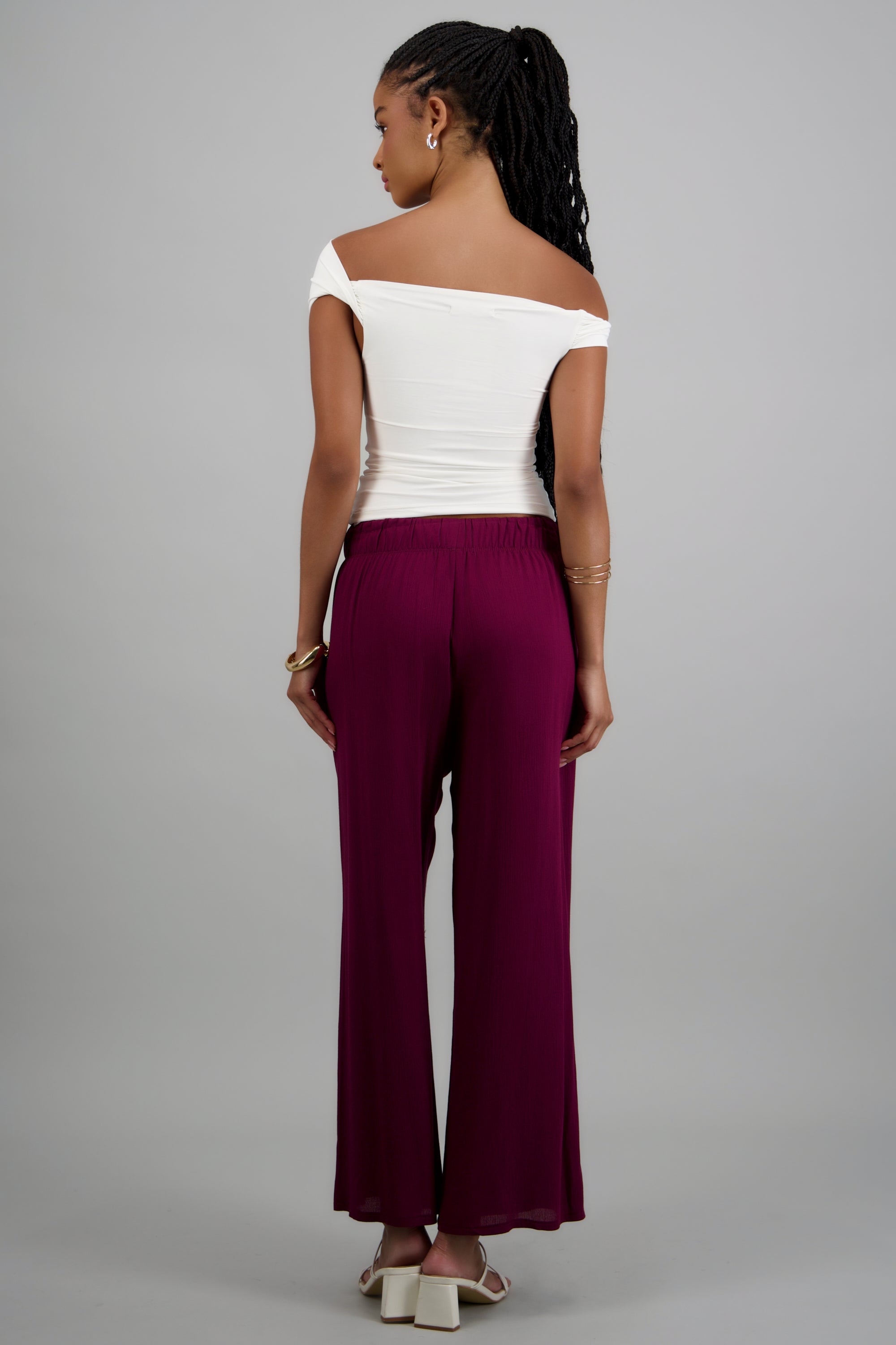 Pantalón wide leg cintura elástica CIRUELA