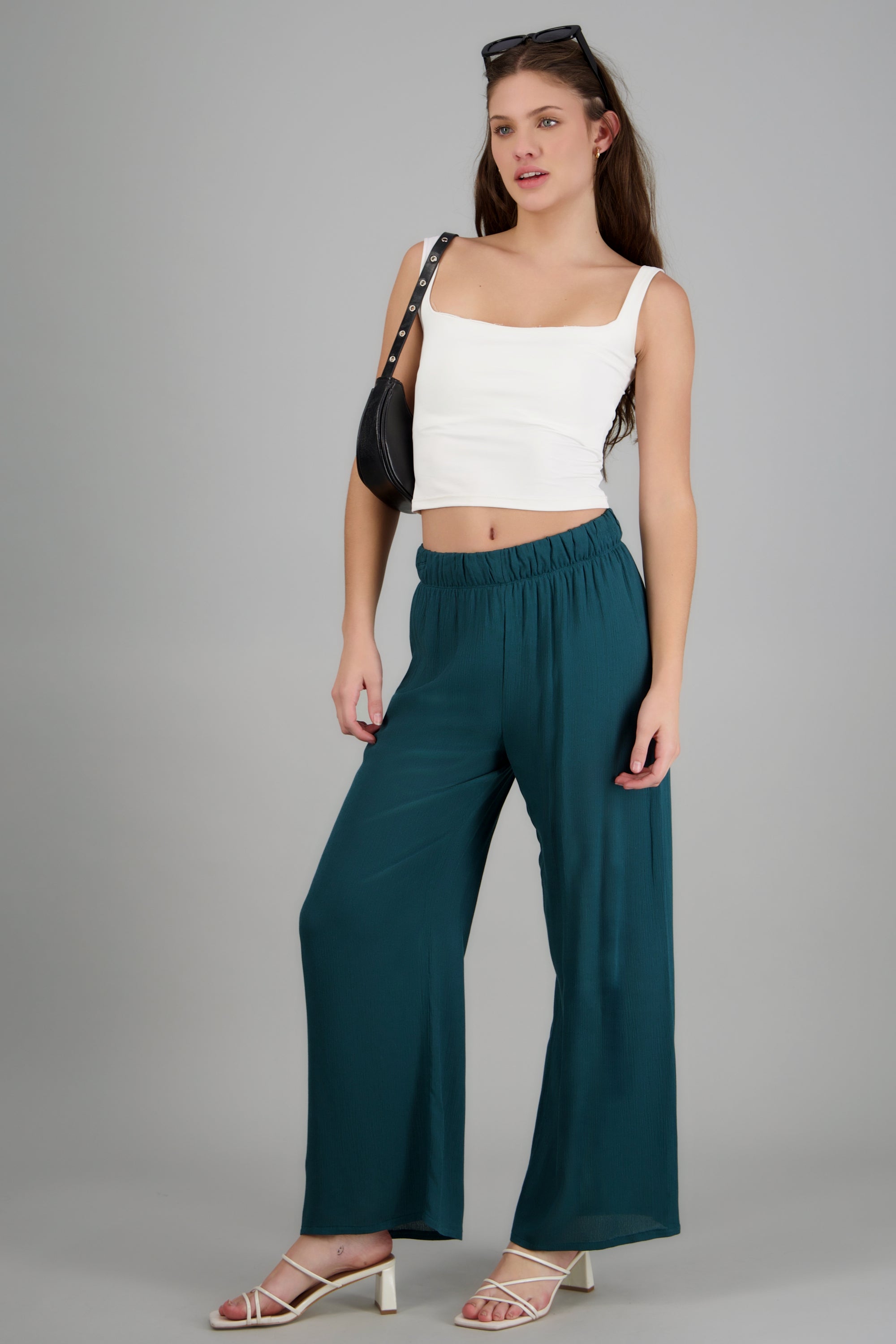 Pantalón wide leg cintura elástica VERDE CAZADOR