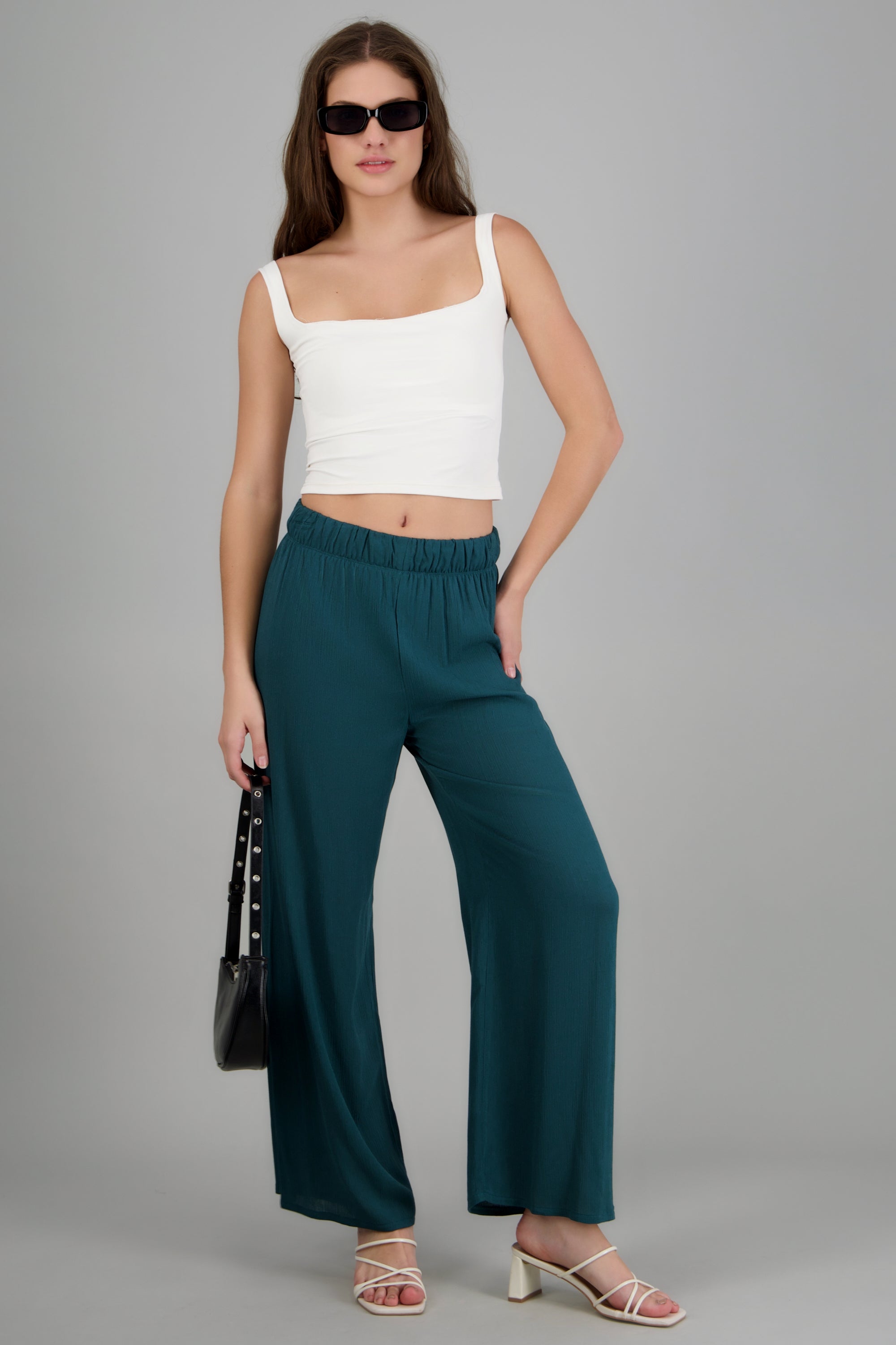 Pantalón wide leg cintura elástica VERDE CAZADOR