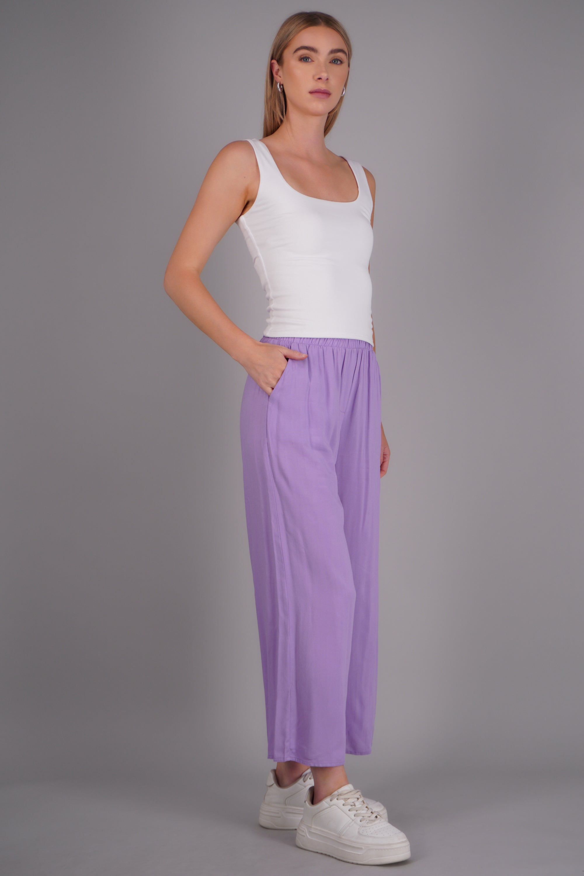 Pantalón Wide Leg Cintura Alta Fruncida LILA
