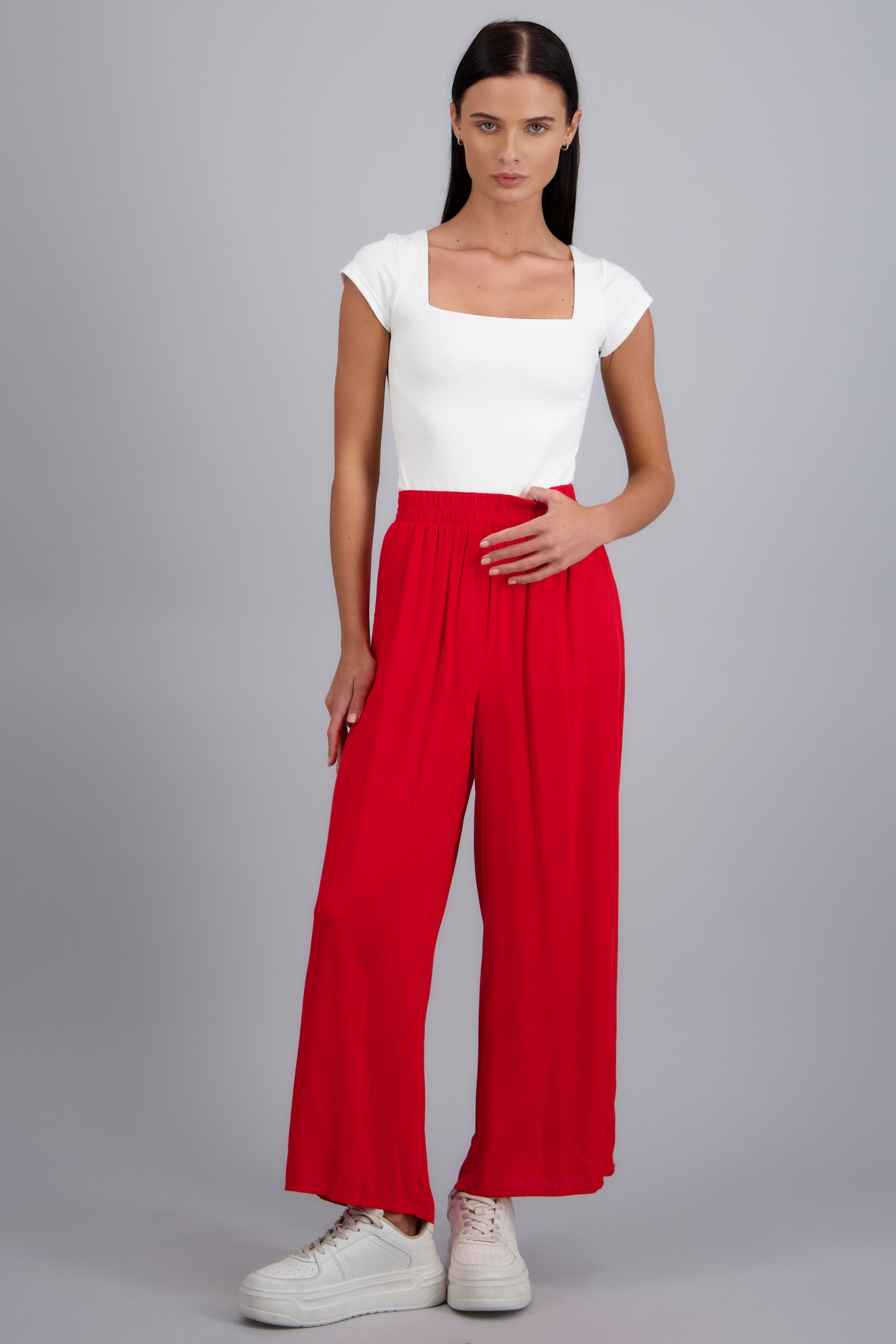 Pantalón Wide Leg Cintura Alta Fruncida ROJO TOMATE