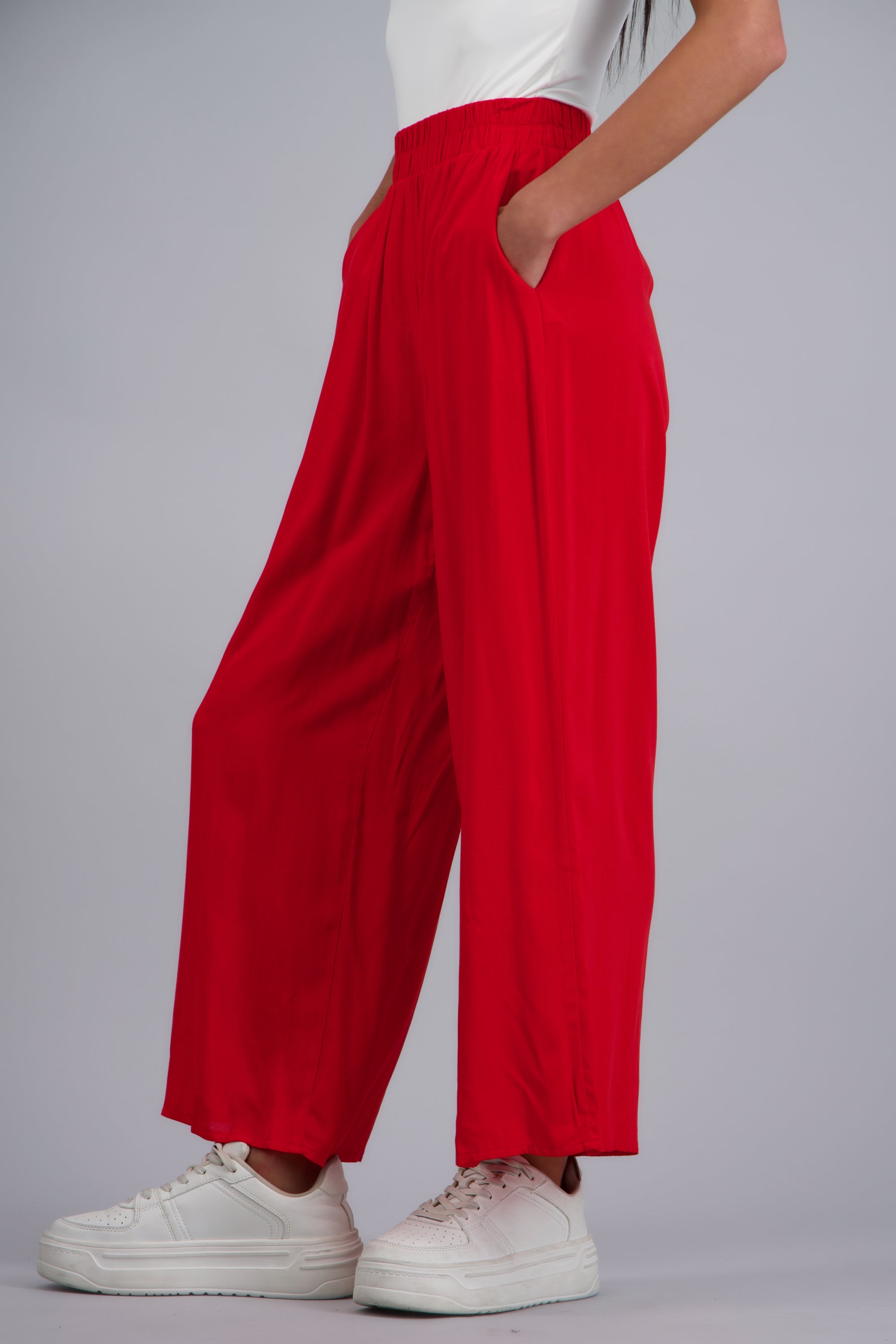 Pantalón Wide Leg Cintura Alta Fruncida ROJO TOMATE