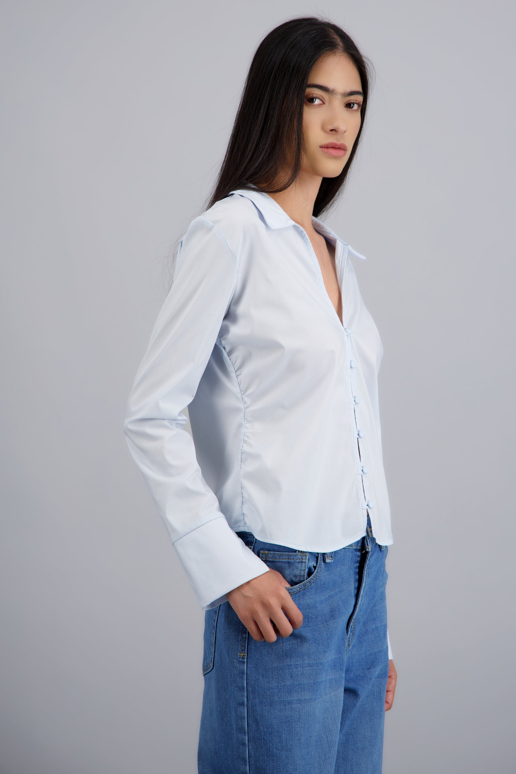 Camisa drapeada costados AZUL PASTEL