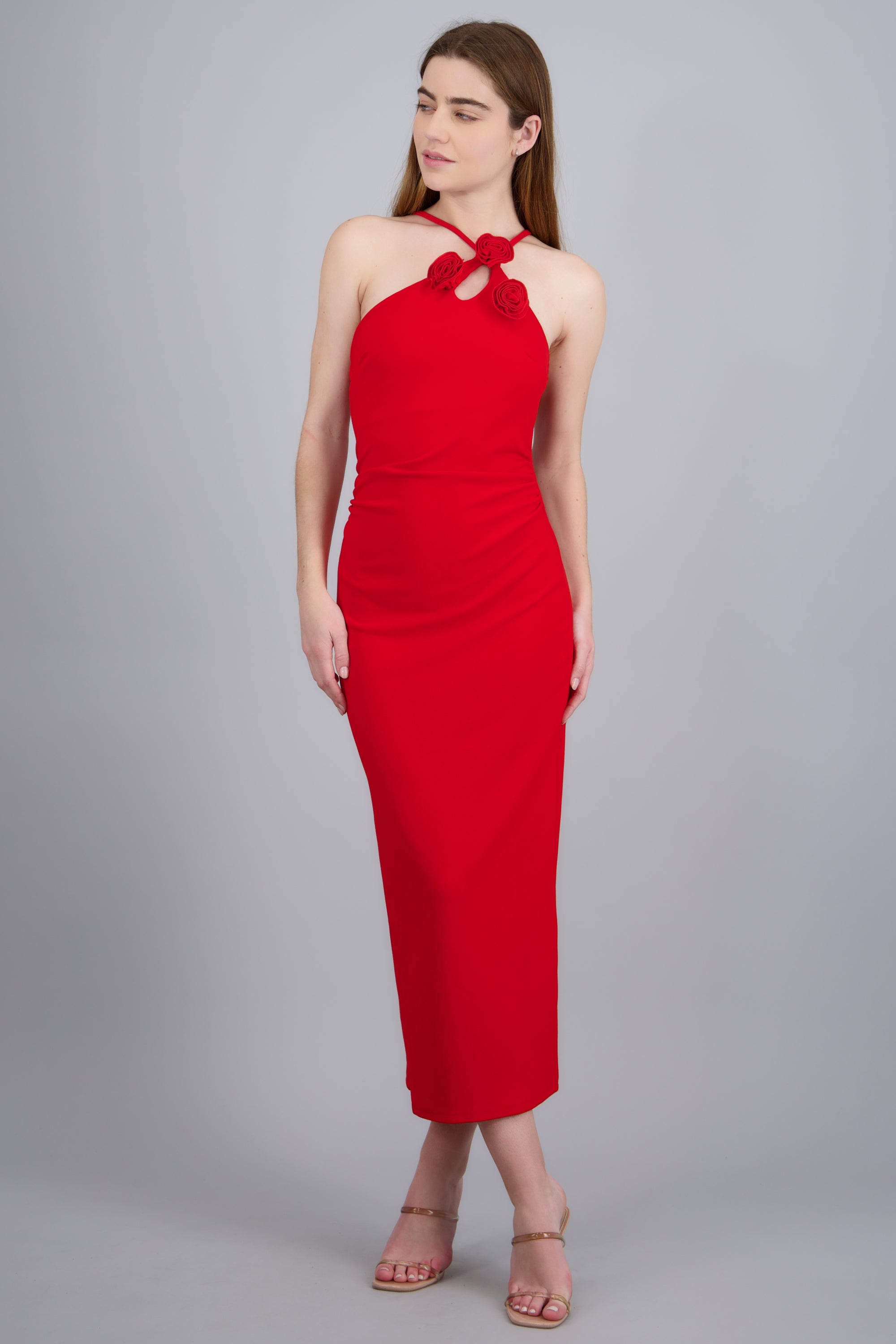 Vestido halter detalle flores ROJO