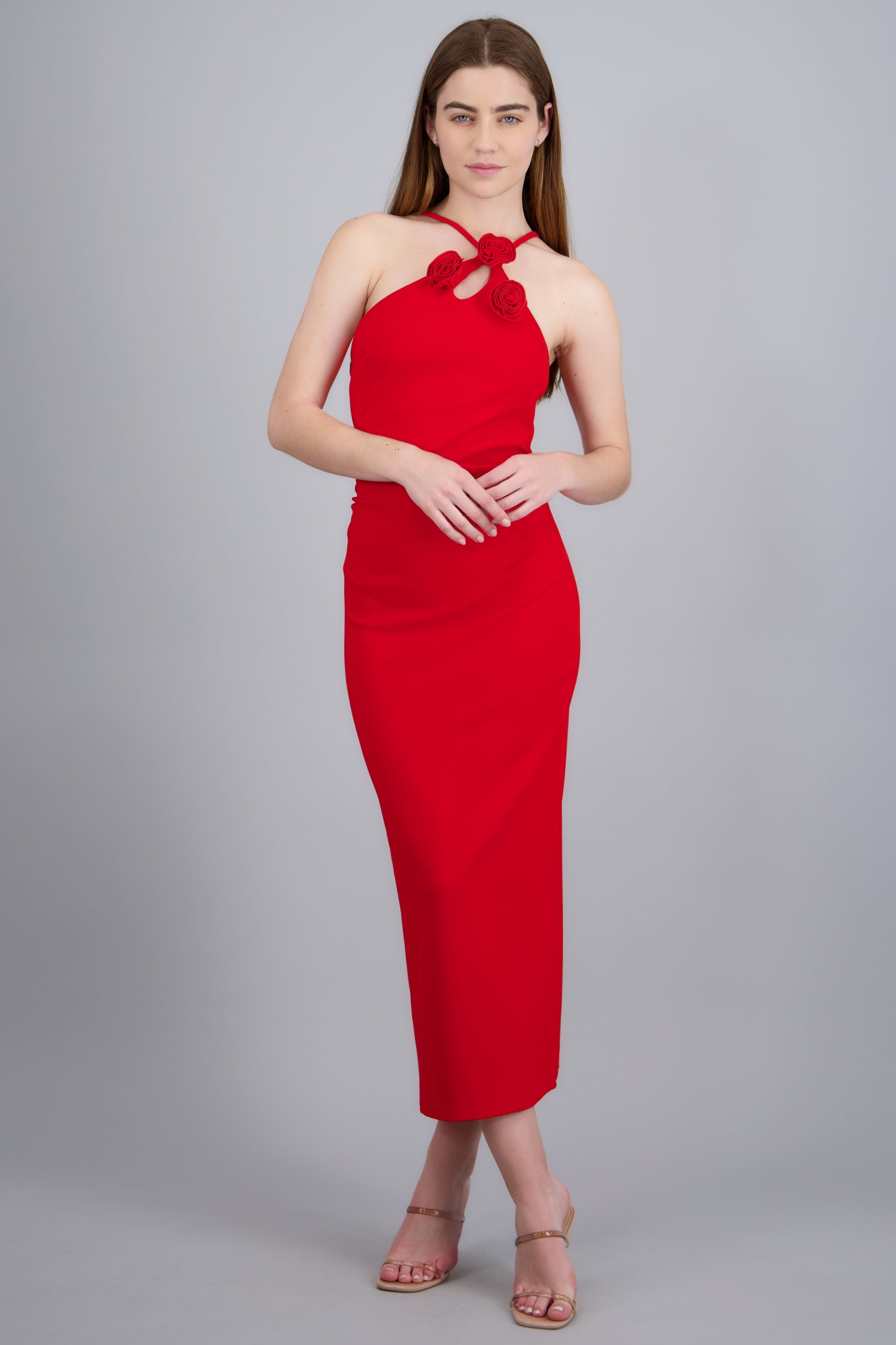 Vestido halter detalle flores ROJO