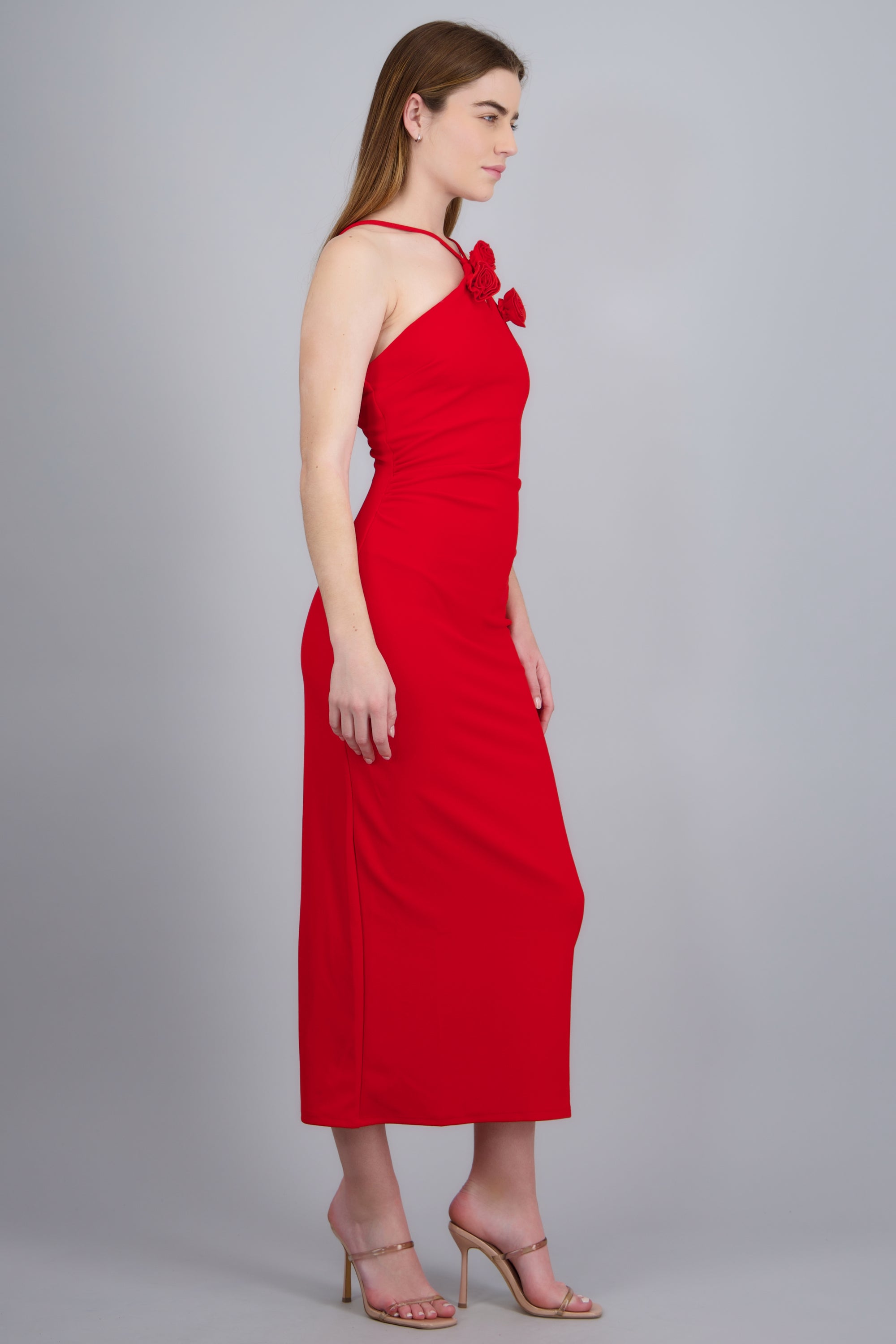 Vestido halter detalle flores ROJO