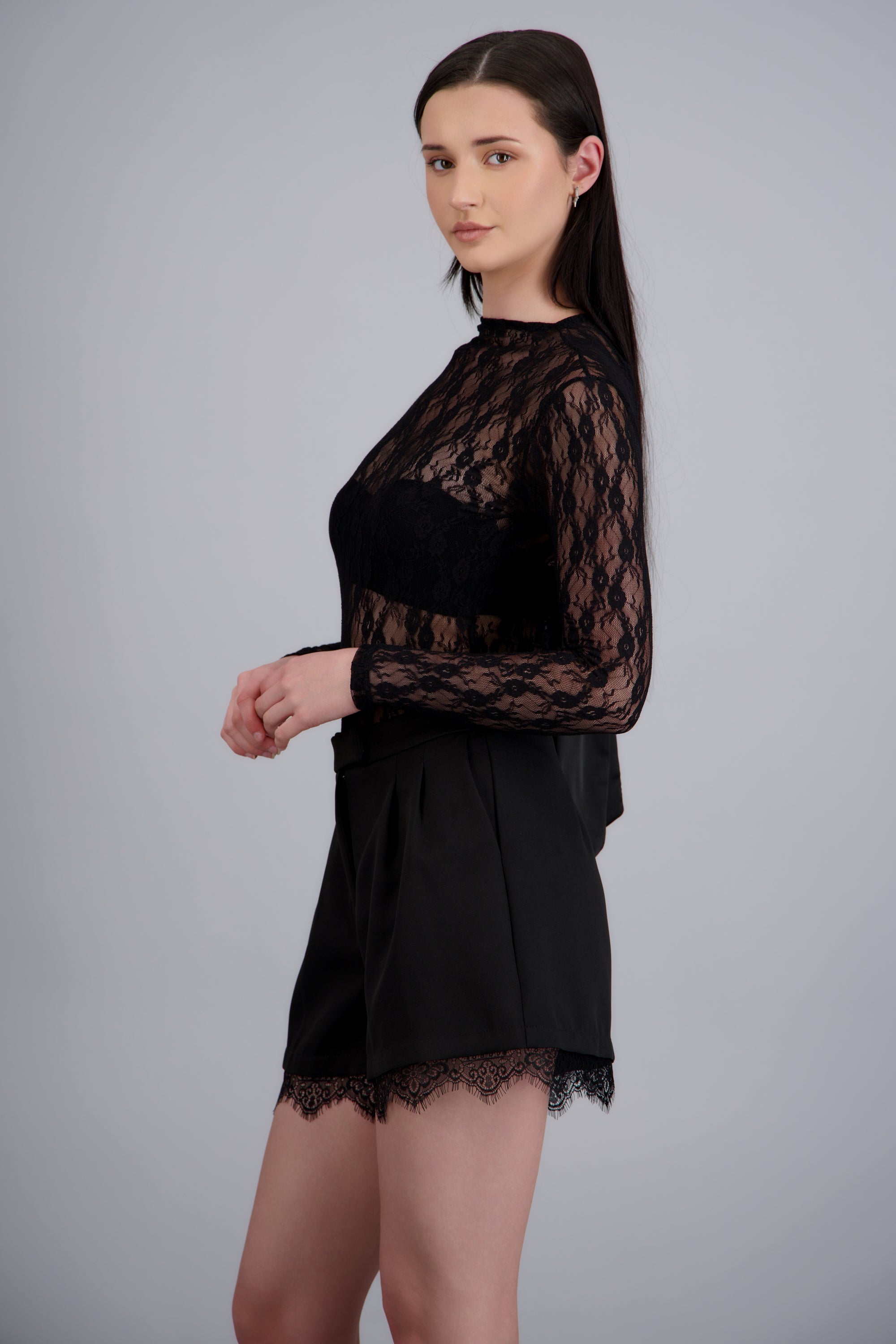Body encaje manga larga escote espalda moño NEGRO