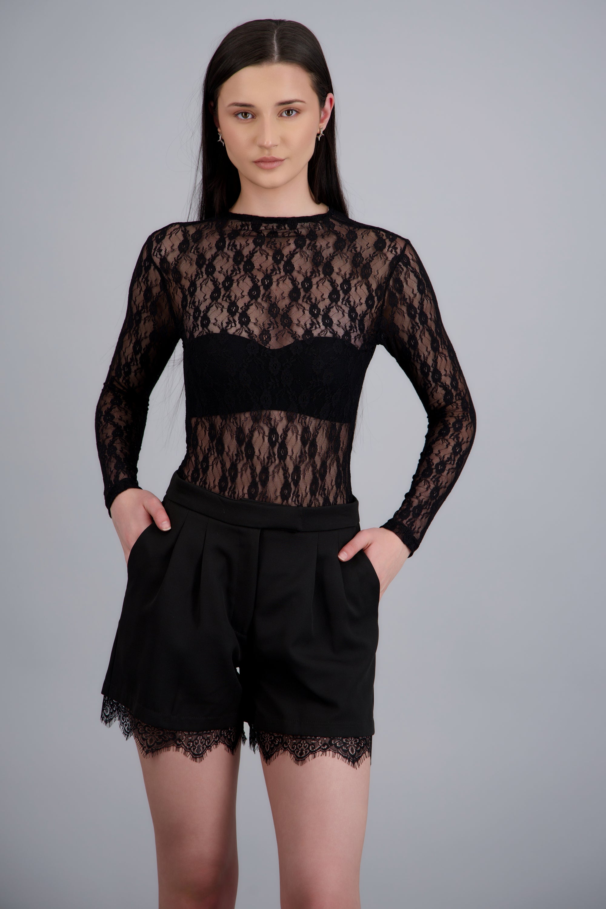 Body encaje manga larga escote espalda moño NEGRO