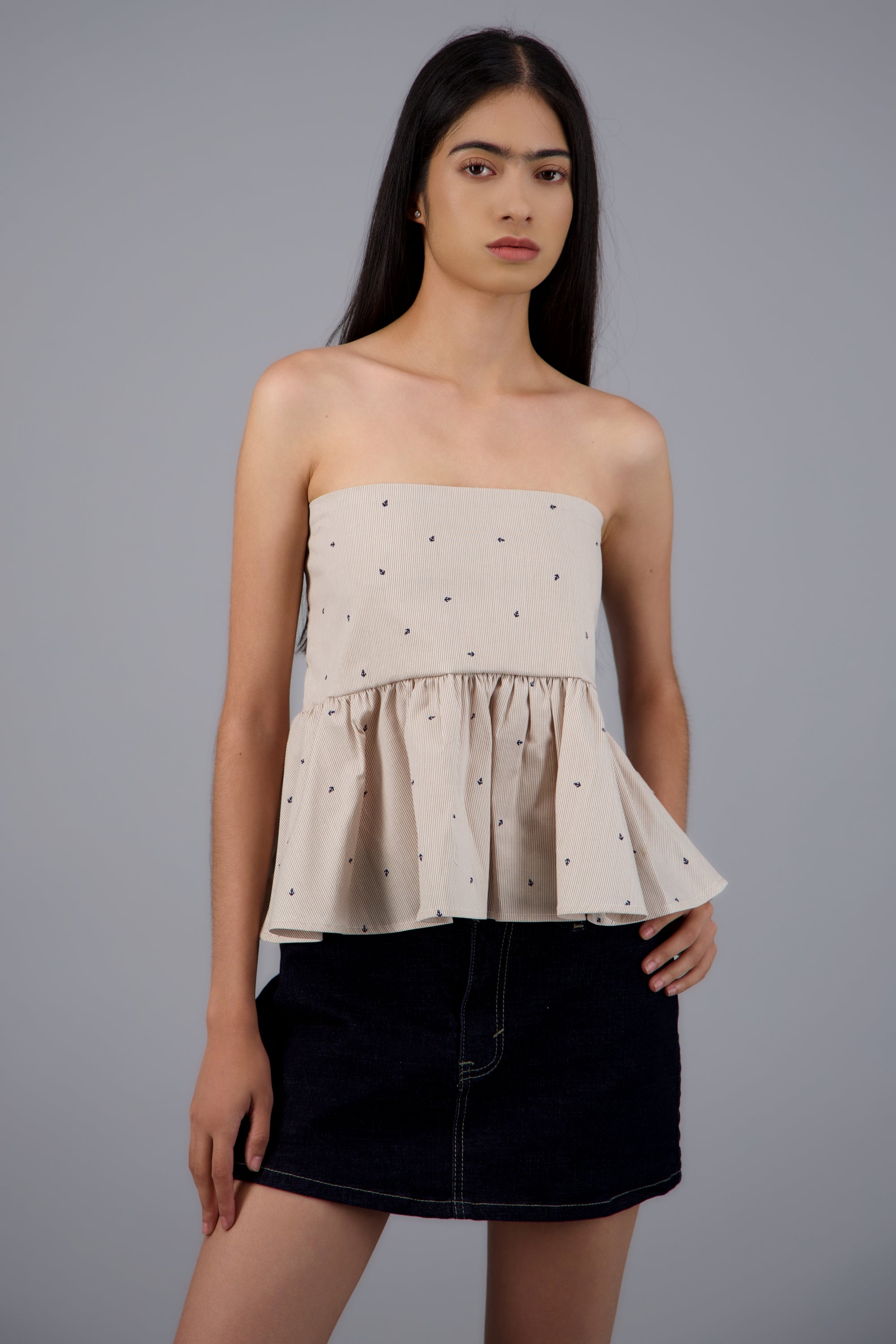 Top strapless detalle olan KHAKI COMBO