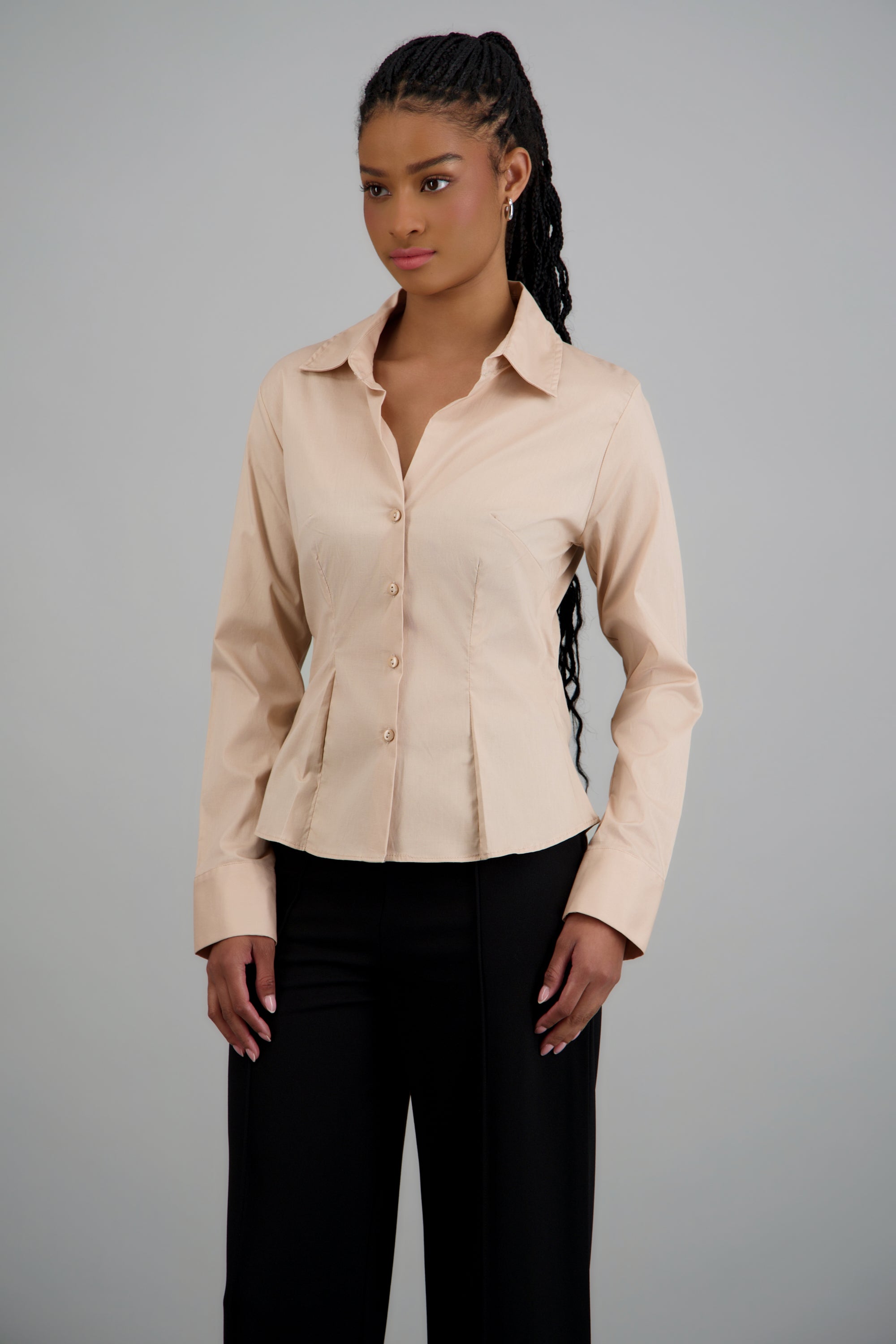 Camisa manga larga detalle cortes BEIGE