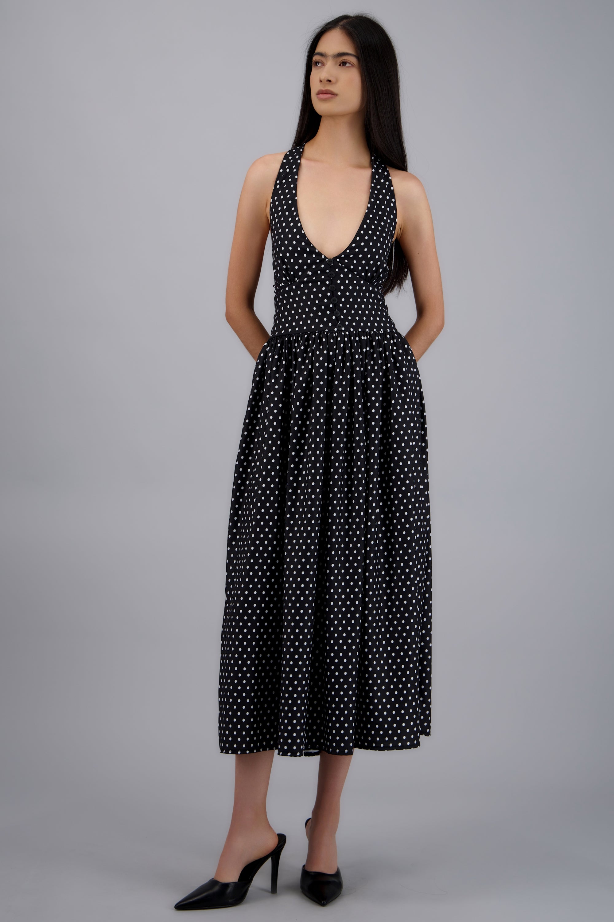 Vestido midi halter polka dots NEGRO COMBO