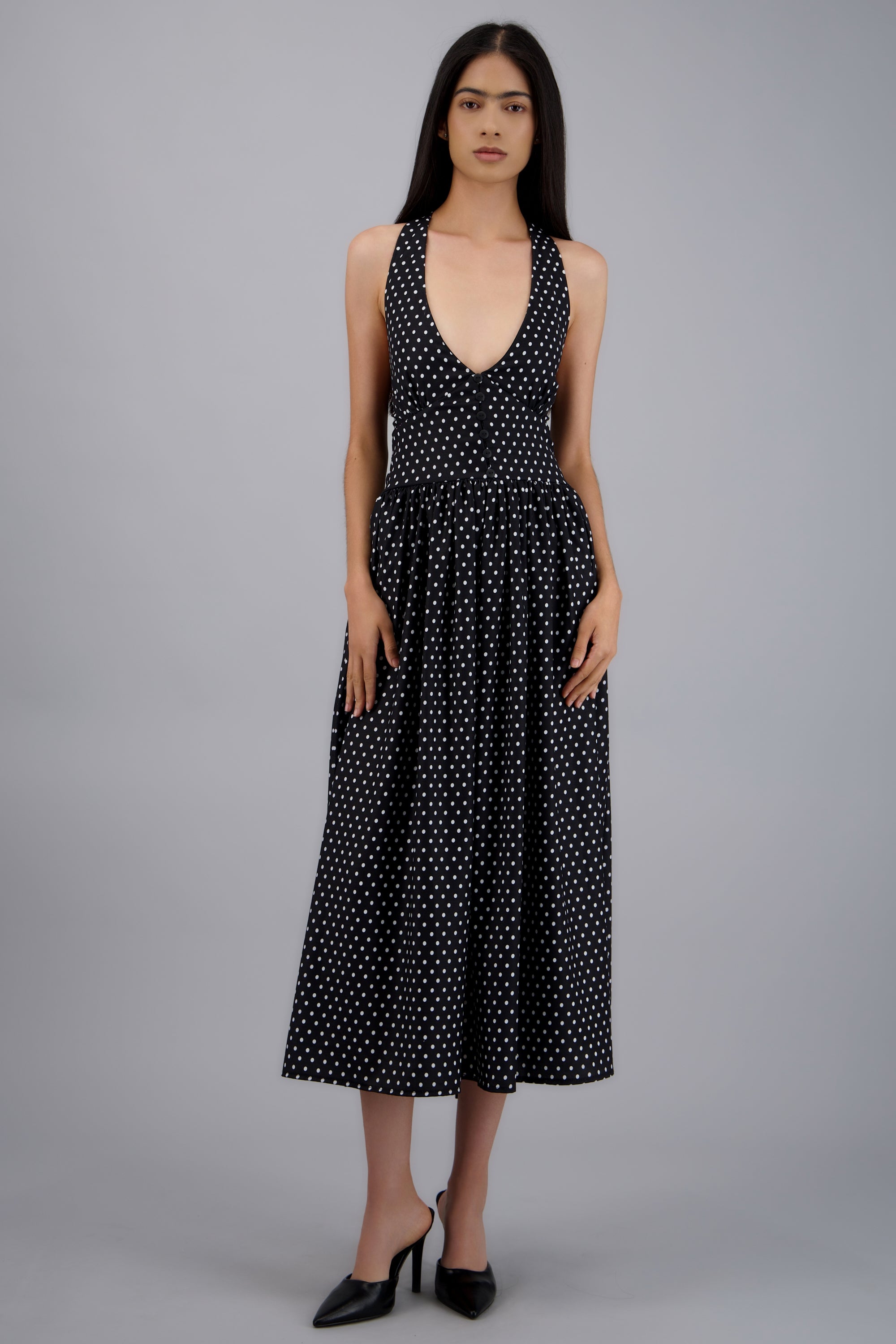 Vestido midi halter polka dots NEGRO COMBO