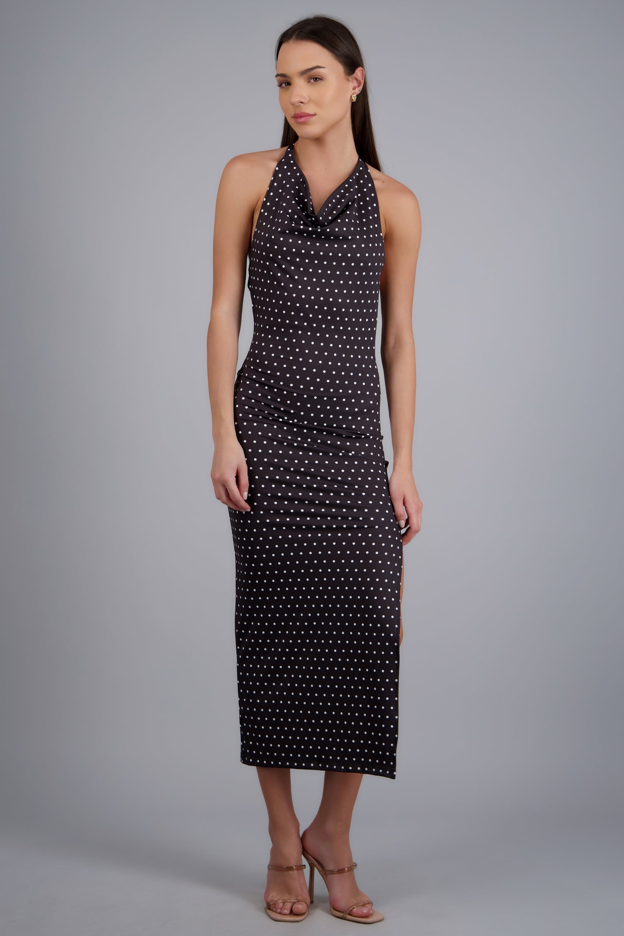 Vestido halter escote cascada polka dots NEGRO BLANCO
