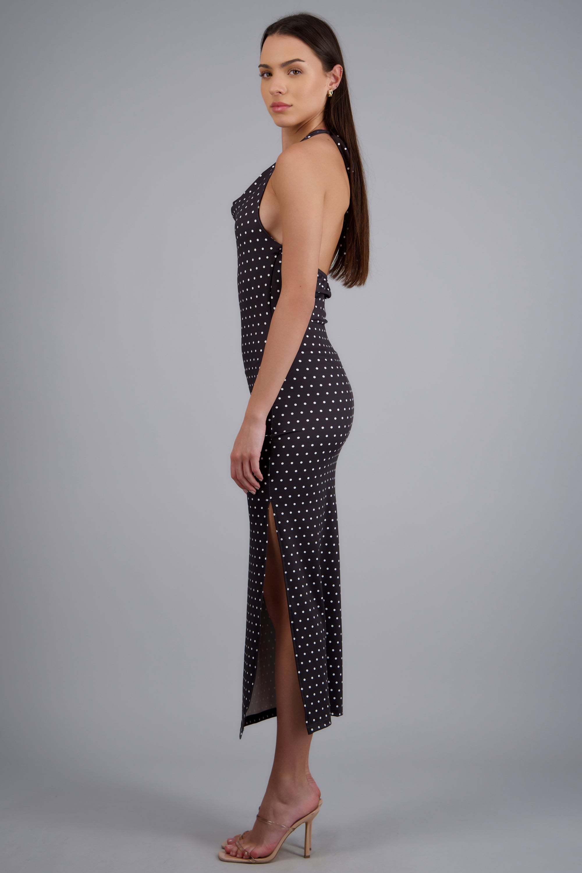 Vestido halter escote cascada polka dots NEGRO BLANCO