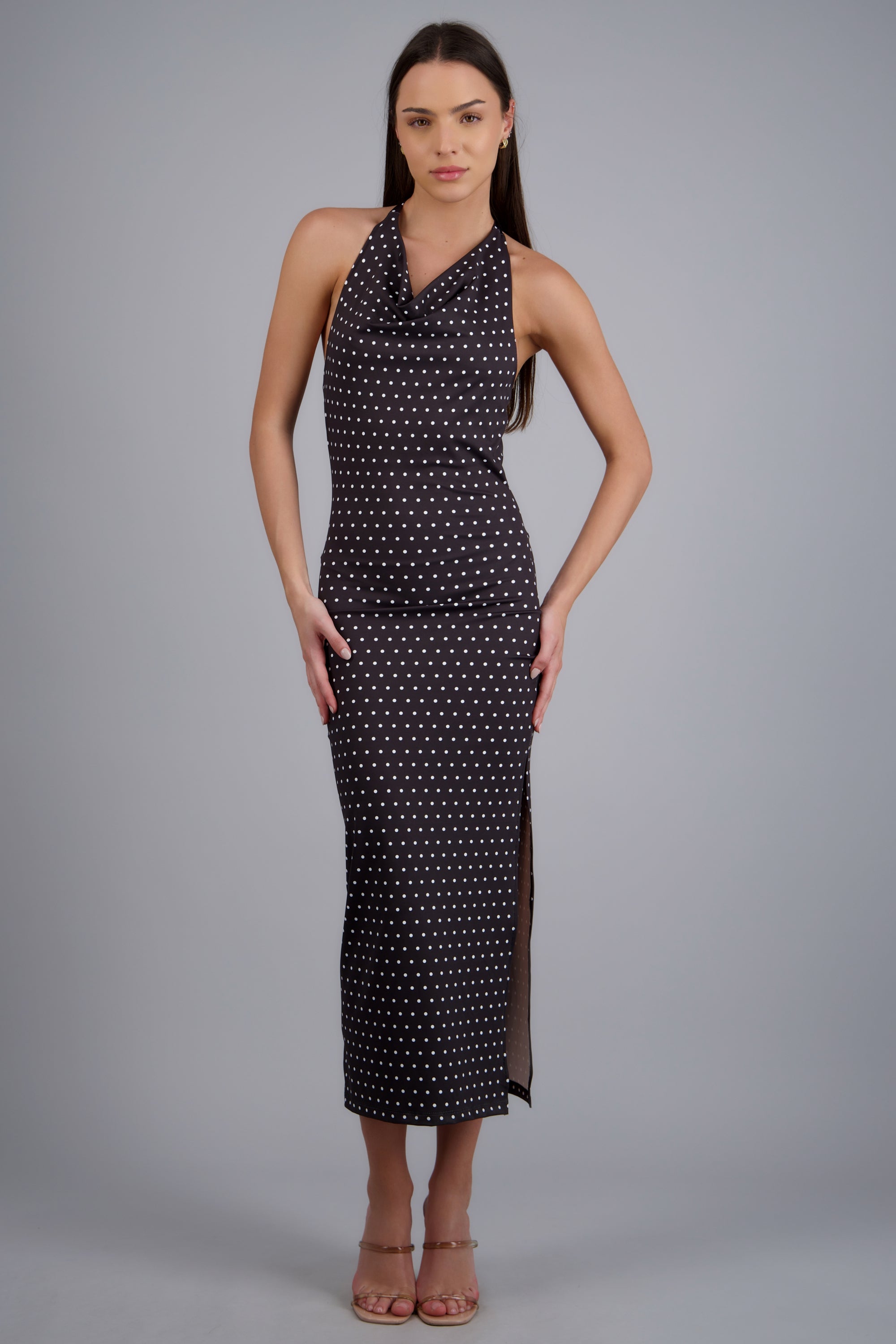Vestido halter escote cascada polka dots NEGRO BLANCO