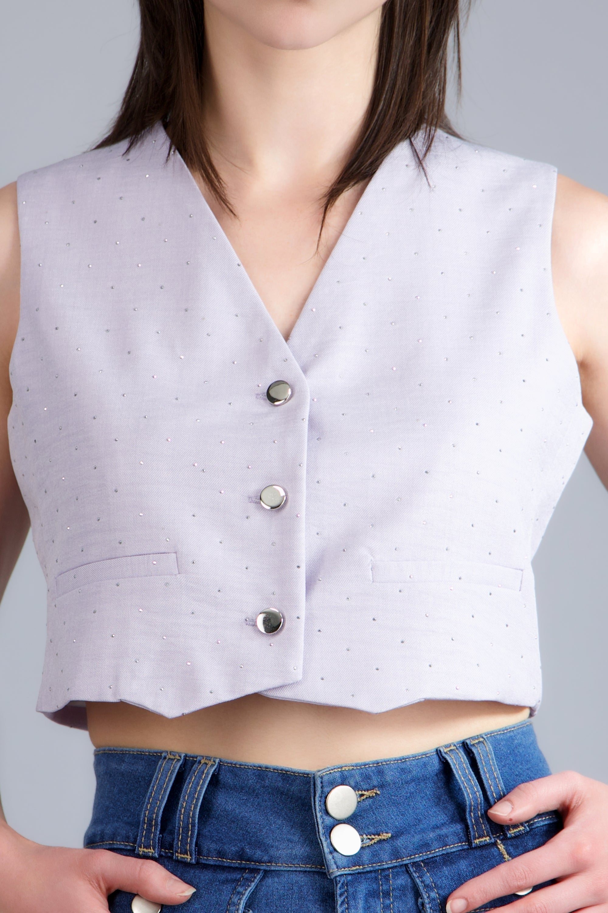 chaleco corto con detalle brillos LILA