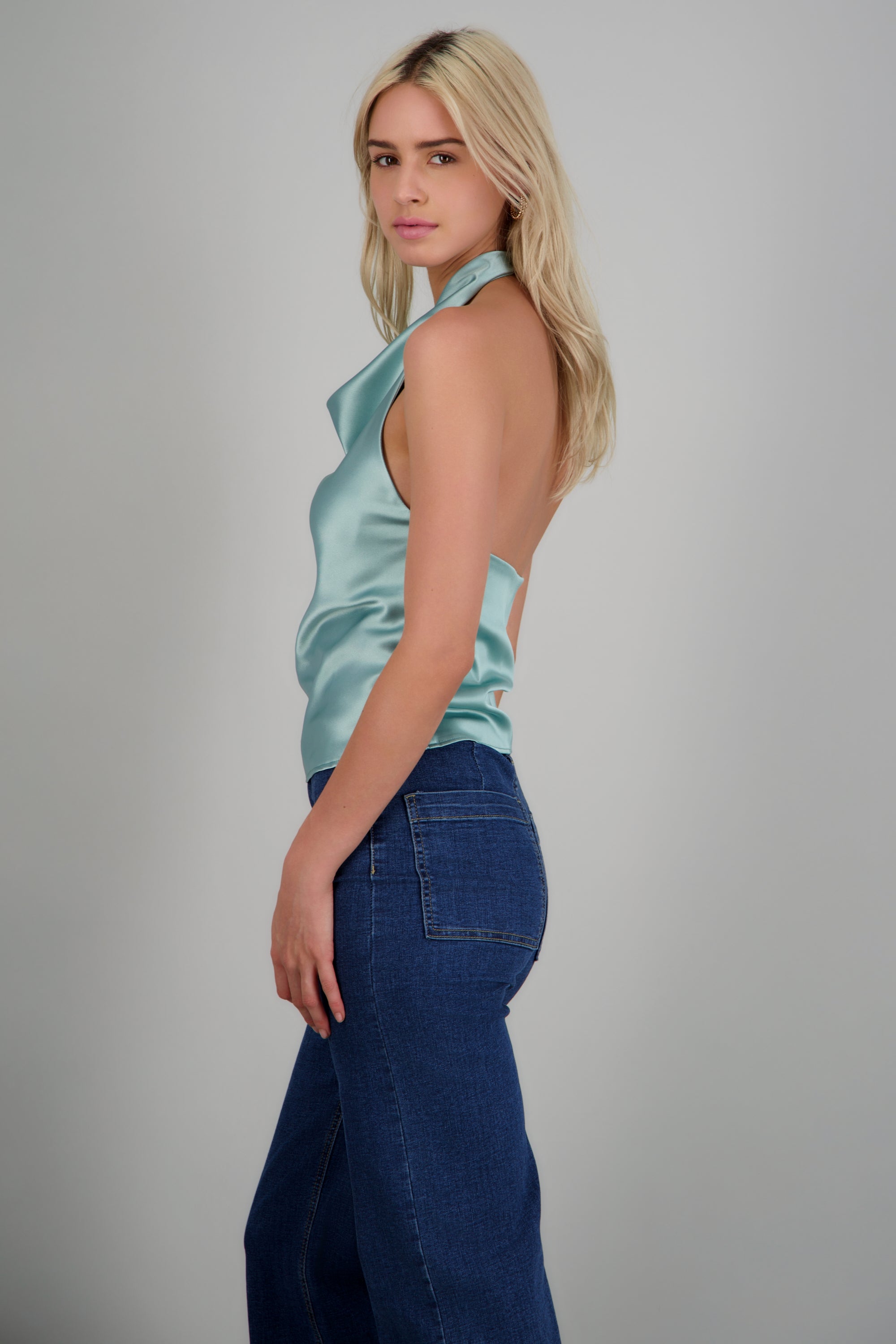 top halter cuello cascada TURQUESA