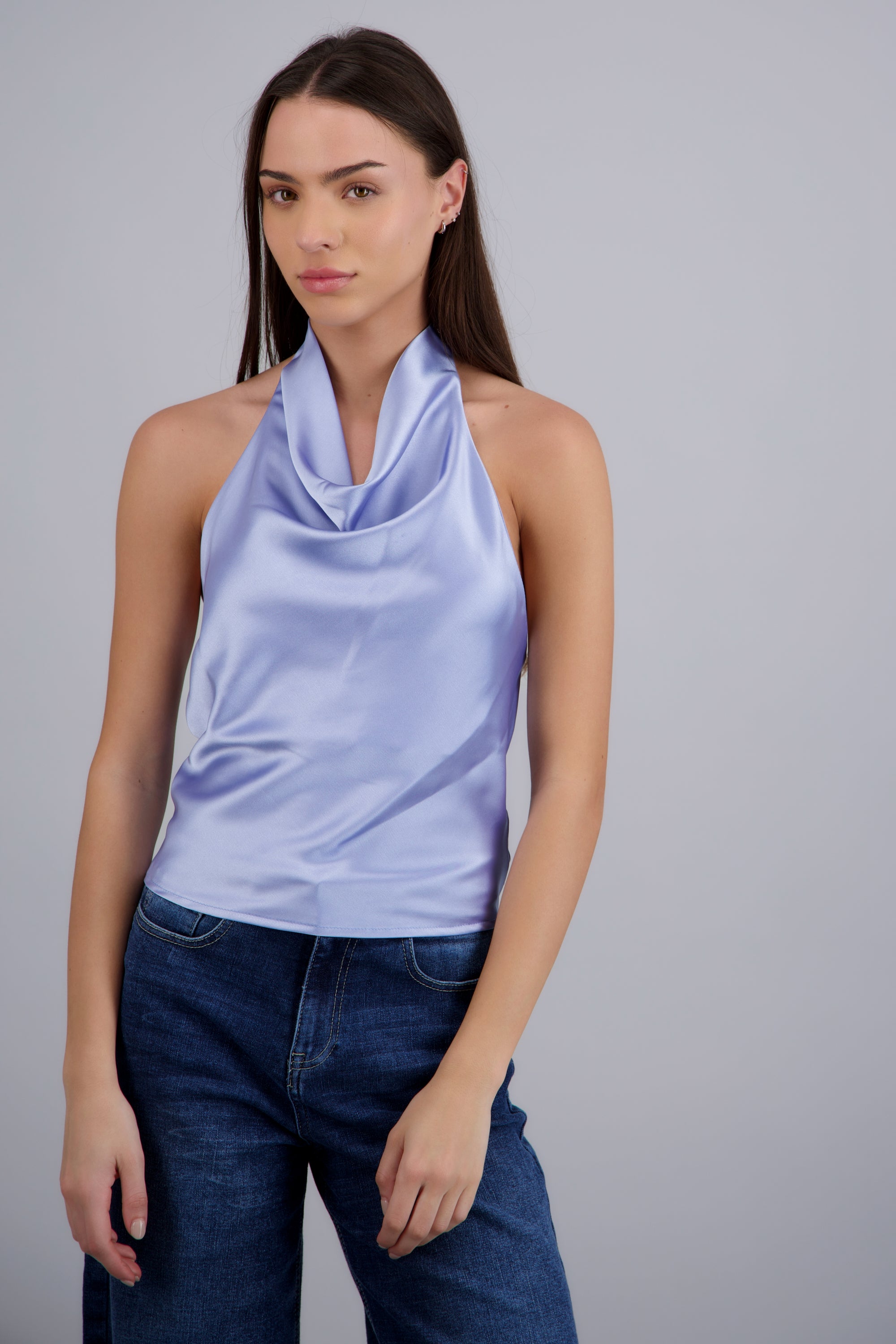 top halter cuello cascada AZUL CIELO