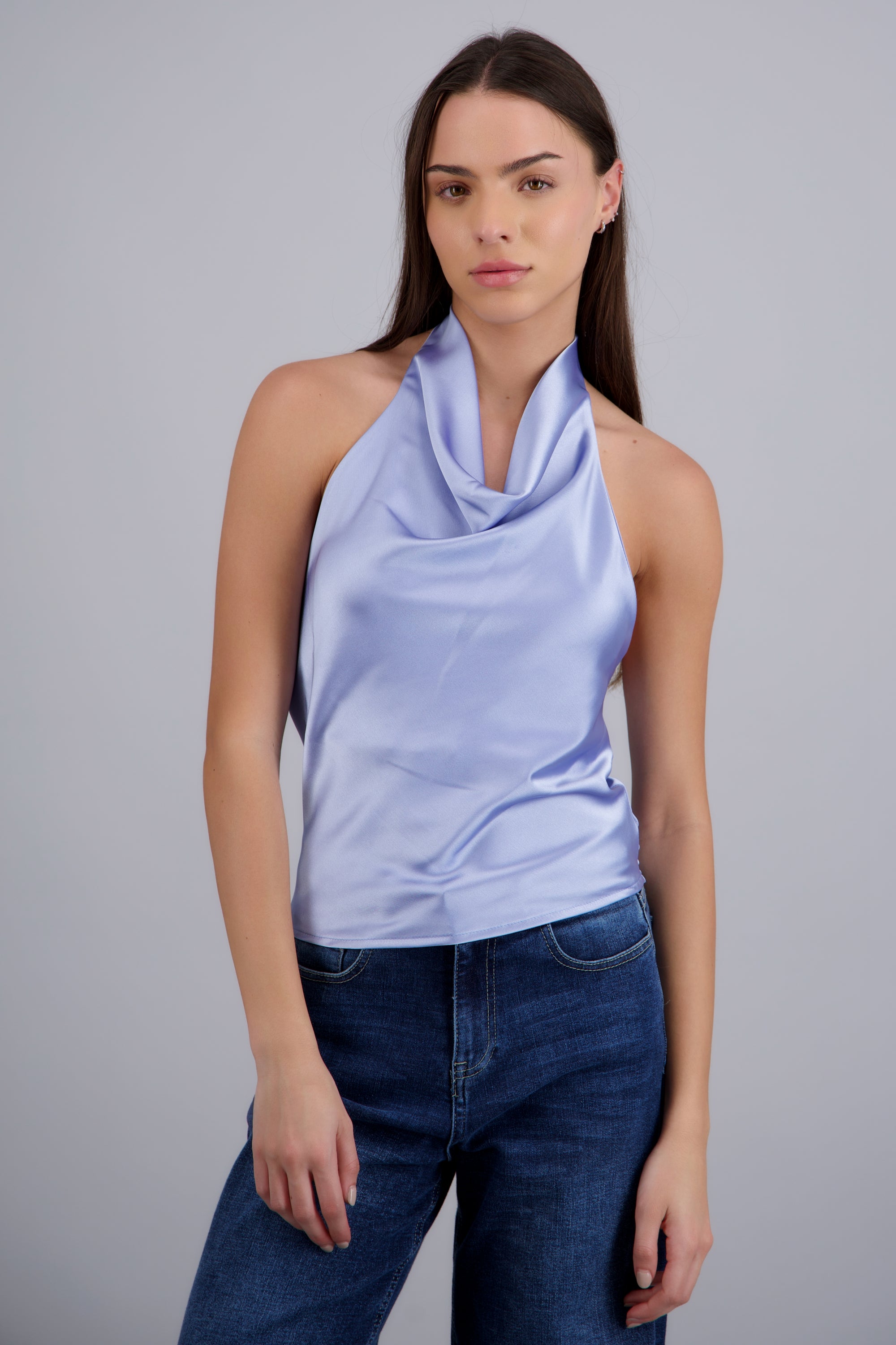 top halter cuello cascada AZUL CIELO