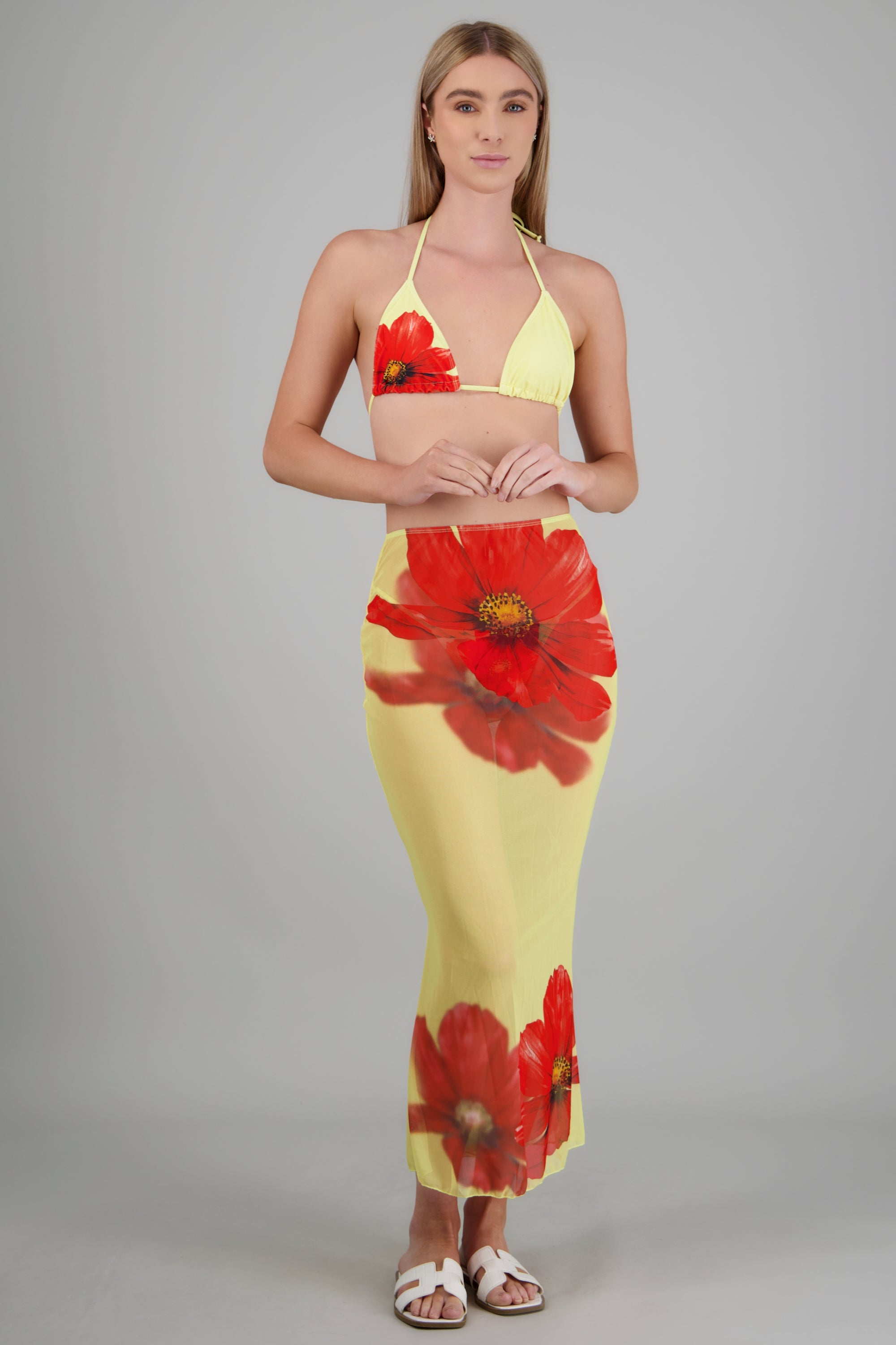 Bikini 3pz estampado flores falda maxi AMARILLO COMBO
