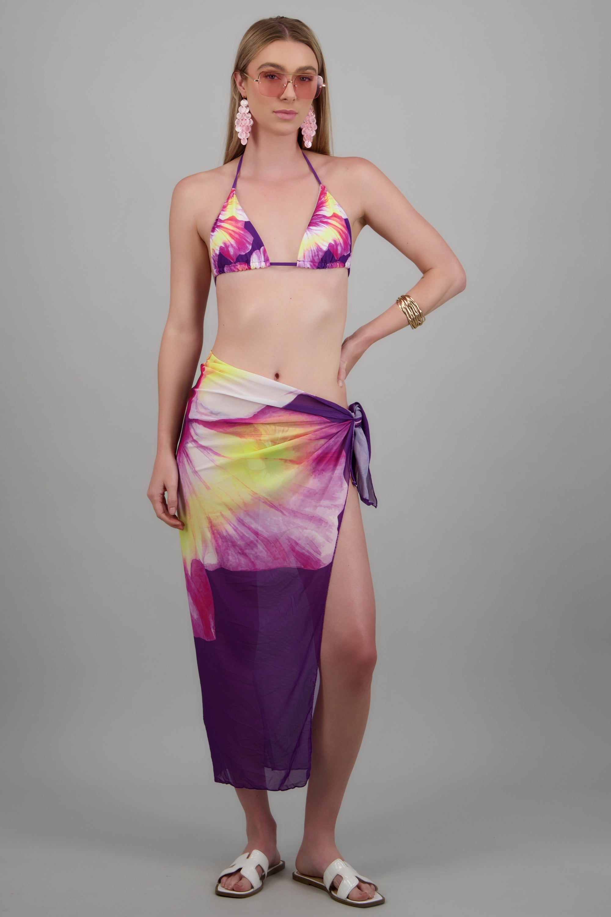 Bikini 3pz estampado floral pareo maxi MORADO