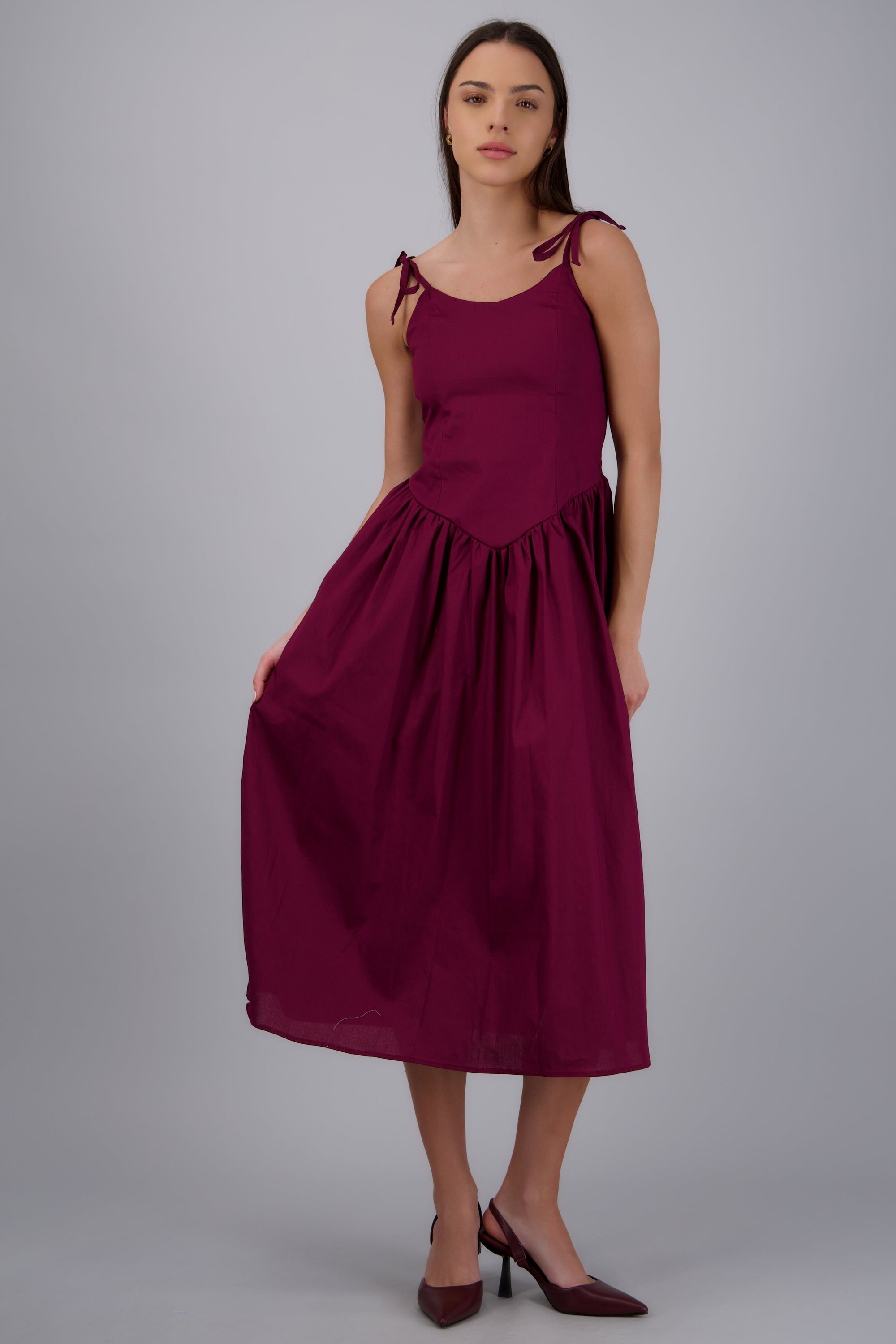 Vestido de tirantes corte en cintura VINO