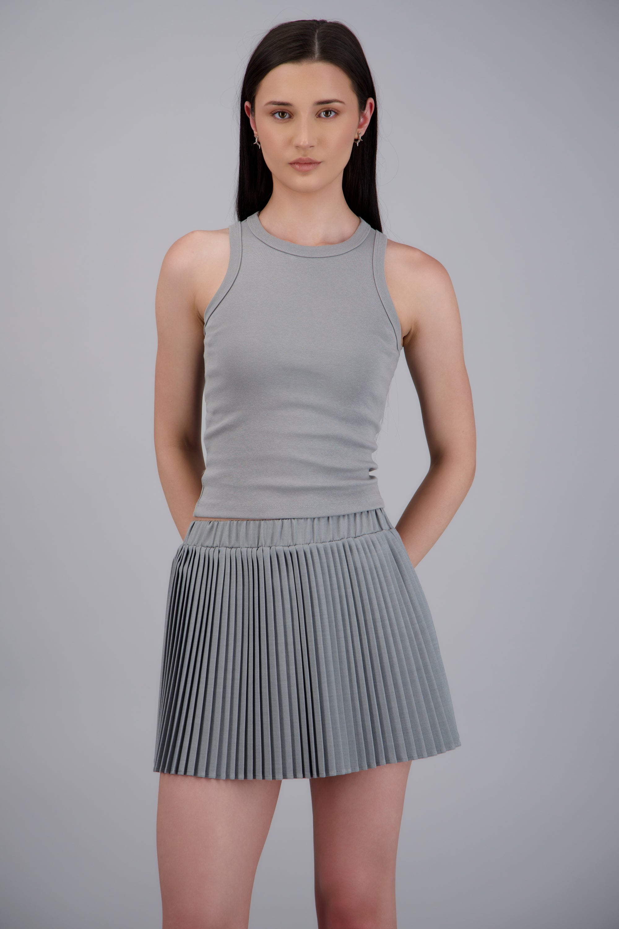 Tank top crop cuello redondo GRIS JASPE