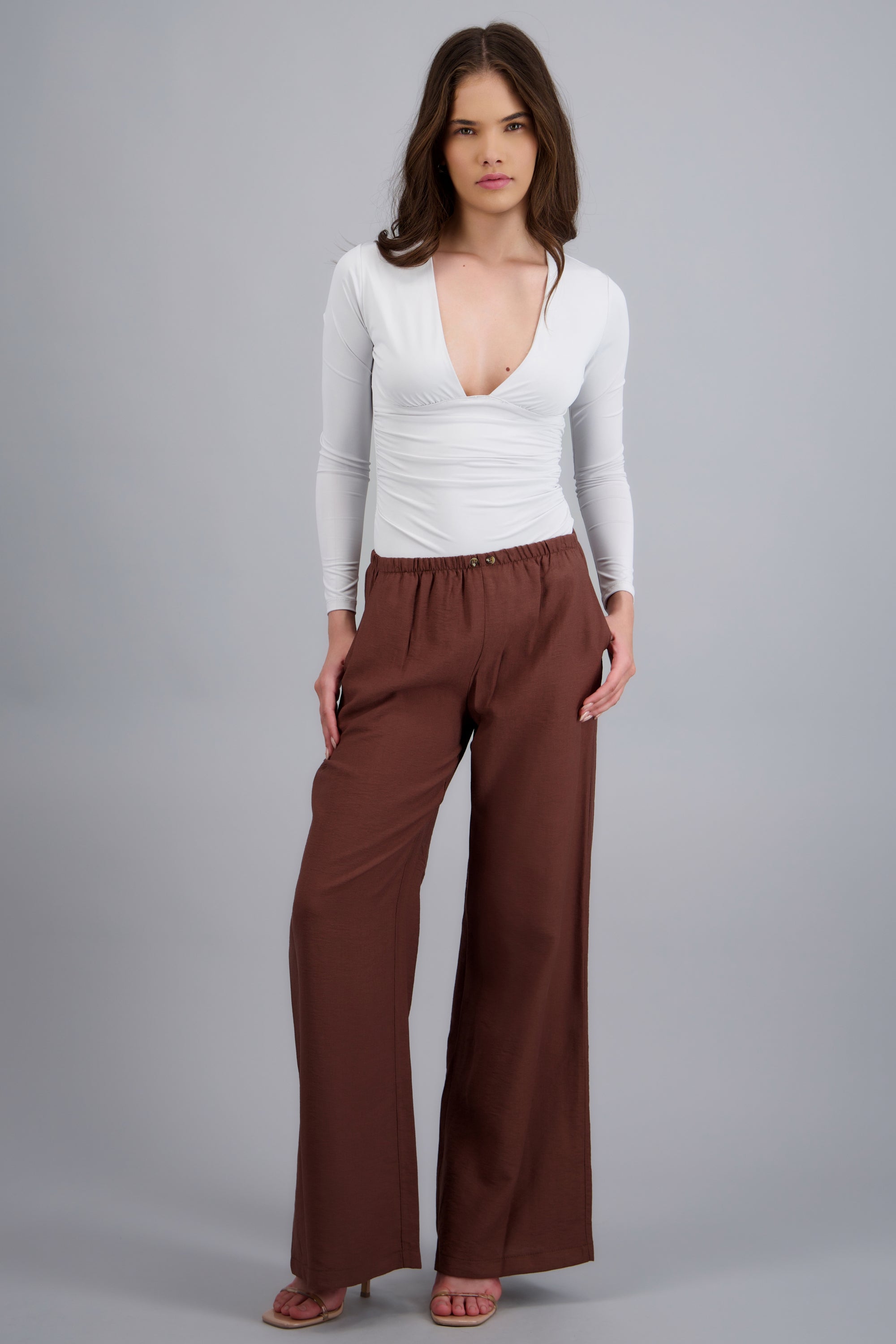 Pantalon wide leg pretina elastica CAFE