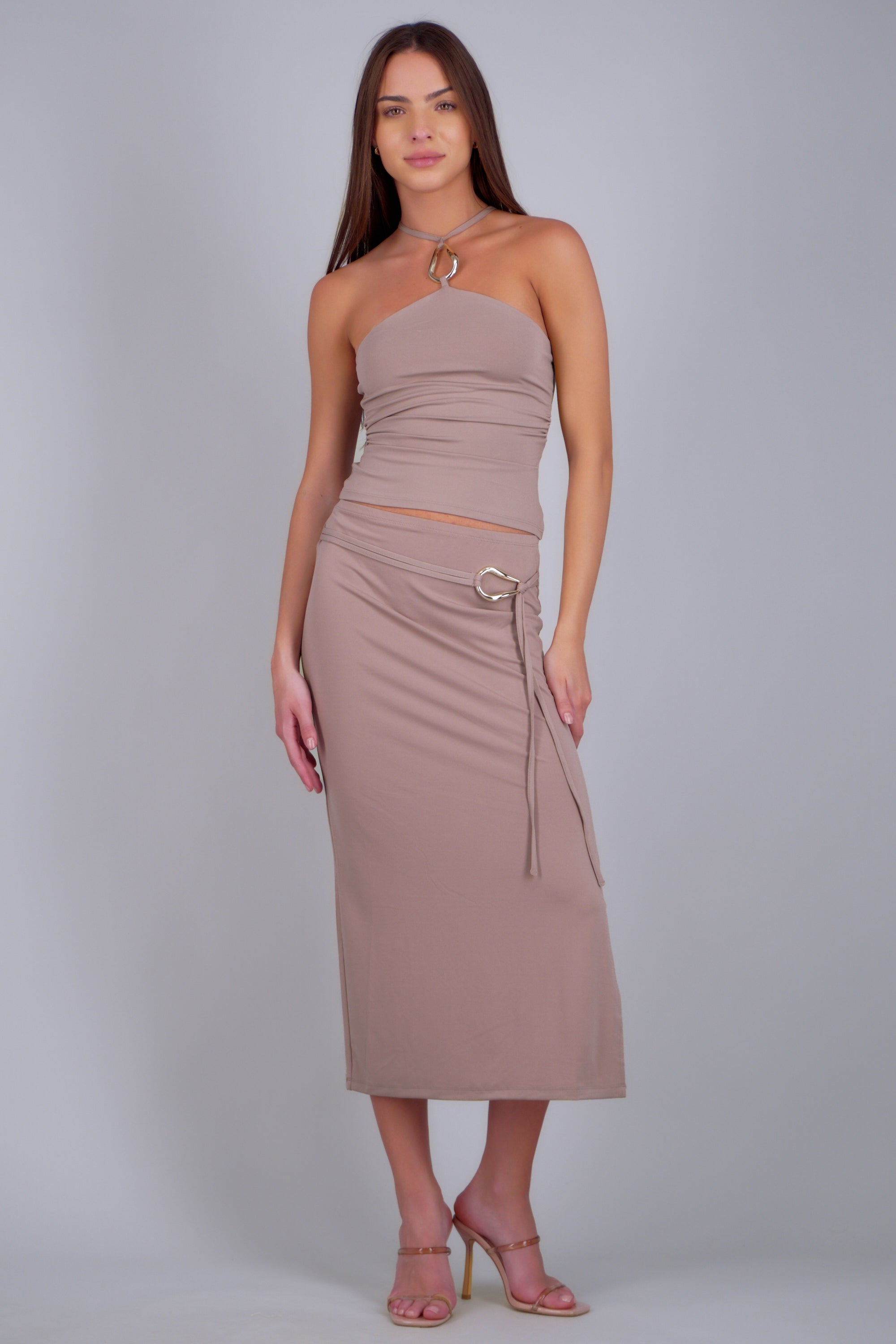 Falda midi detalle cinturon TAUPE