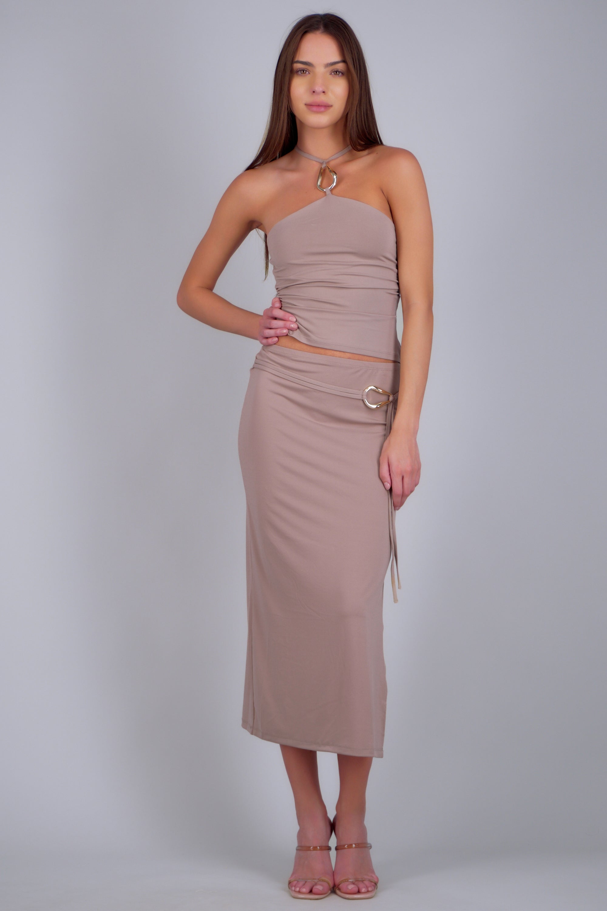 Falda midi detalle cinturon TAUPE